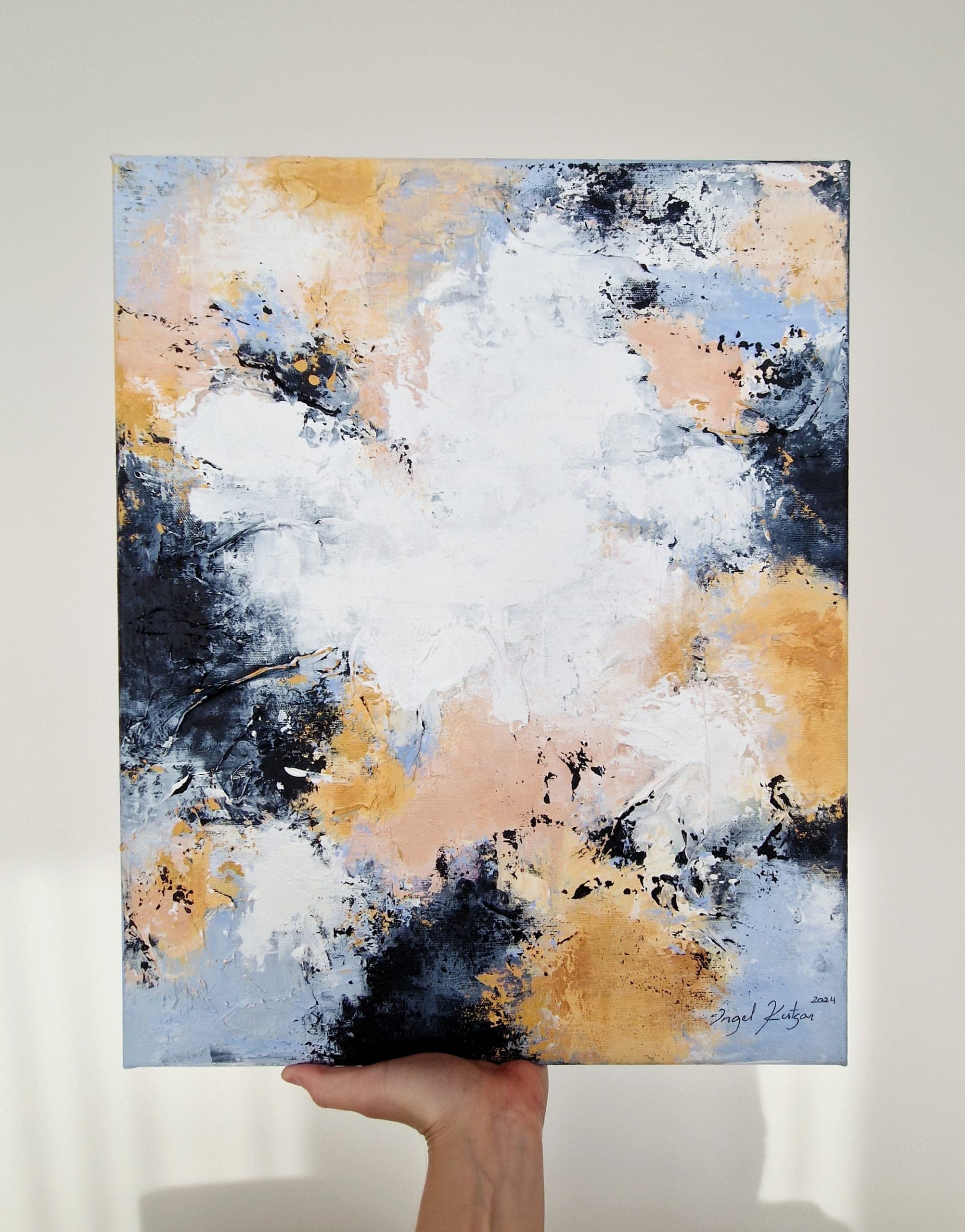 Secretly – textured original abstract painting in yellow, dark and light blue, white tones