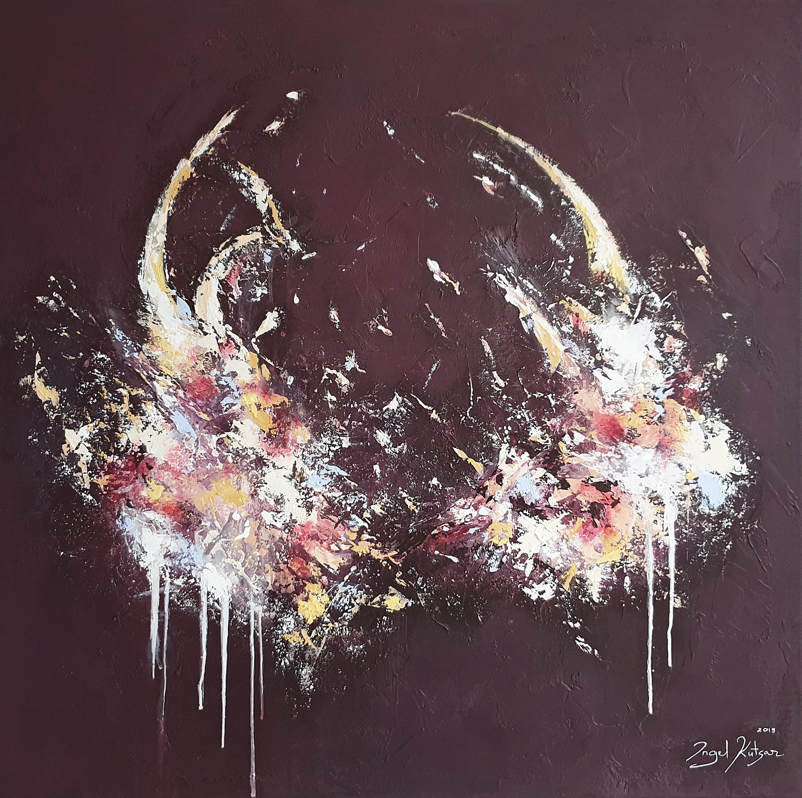 Glow and glory – textured original abstract painting in dark red, pink, yellow and white tones