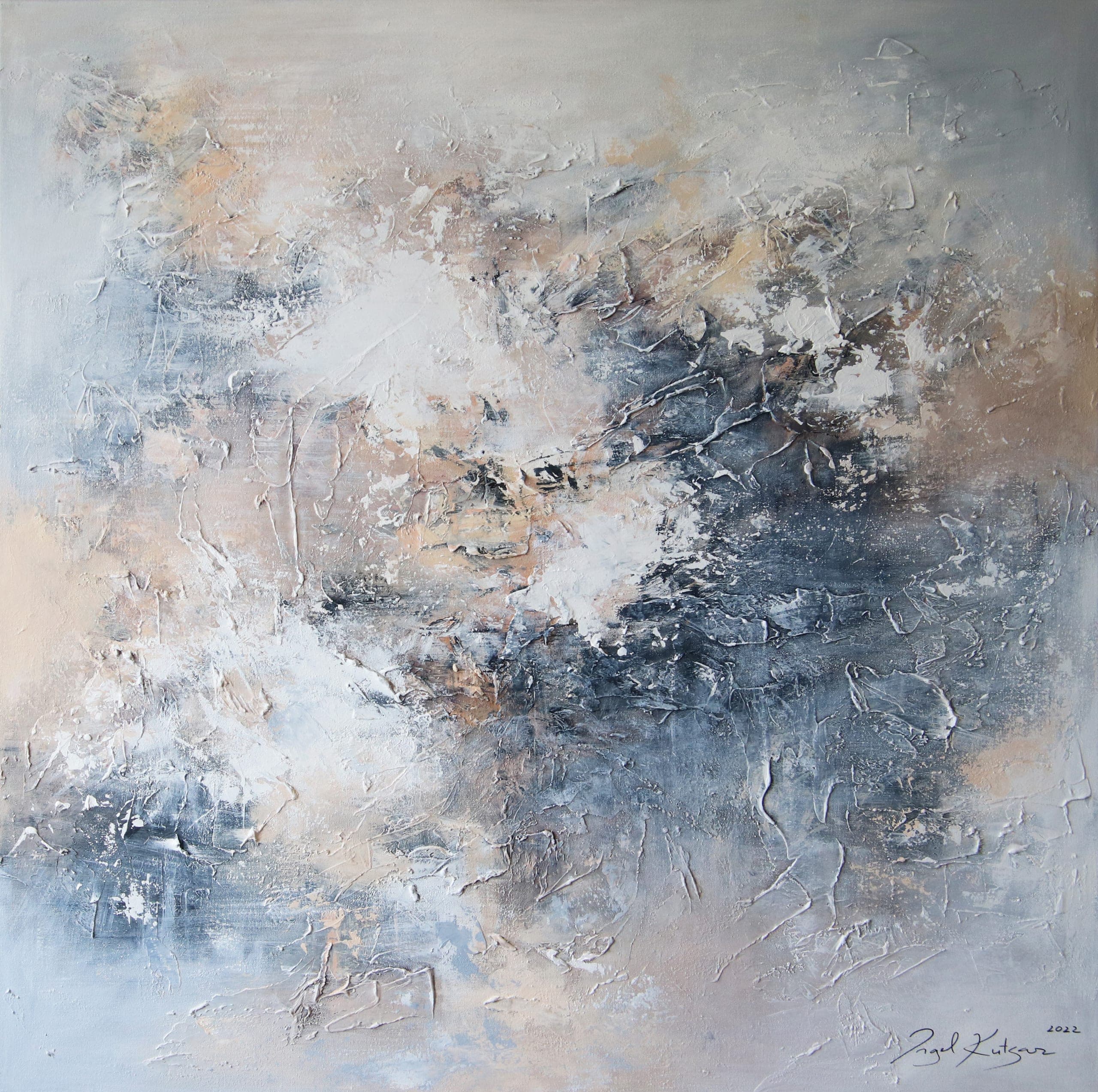 That wonderful feeling – textured original abstract painting in different blues, beige and white tones