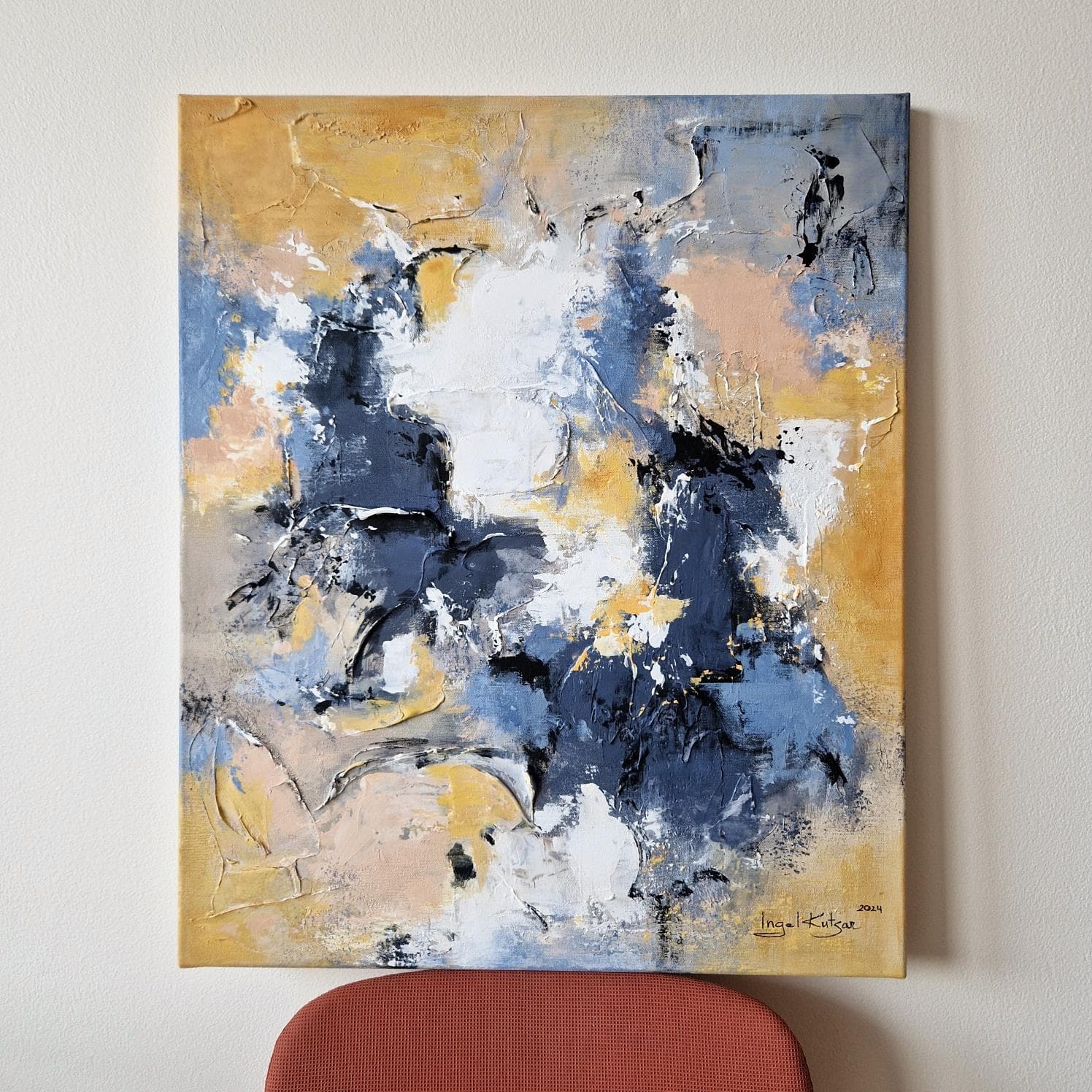 Brilliance of clarity – textured original abstract painting in yellow, light and dark blue tones