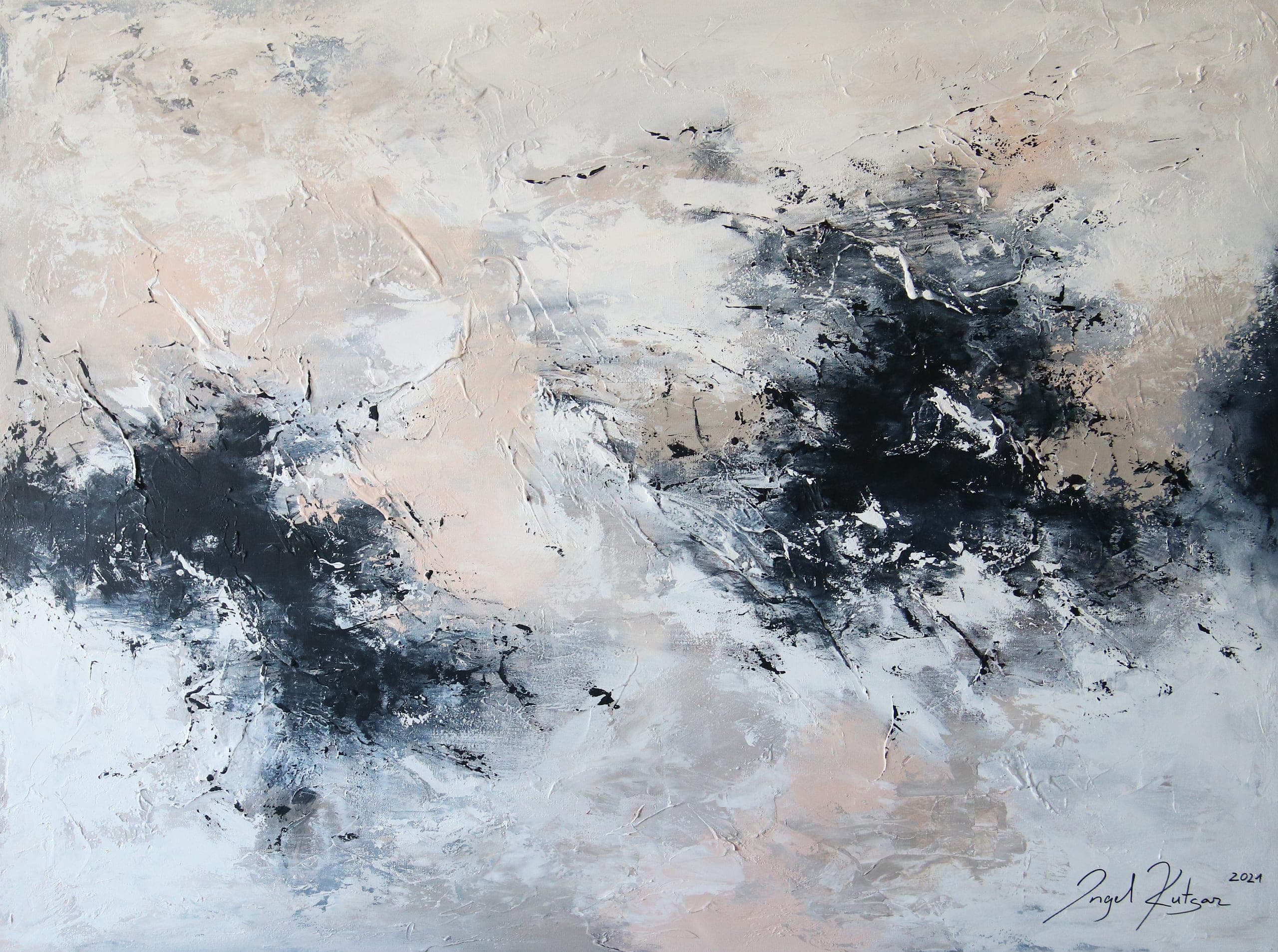 In Your mind – textured original abstract painting in dark blue, beige and white tones