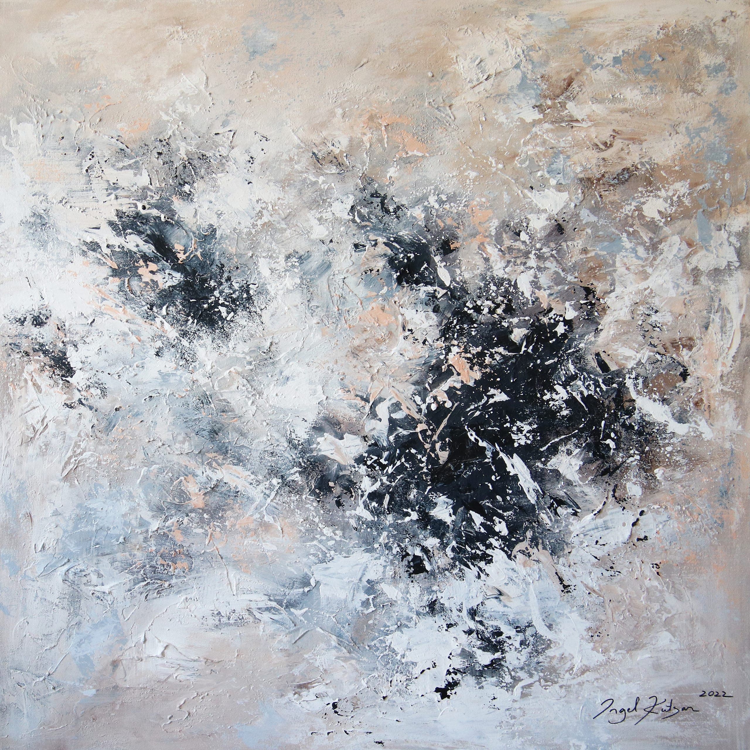 In Your mind II – textured original abstract painting in white, beige and black tones