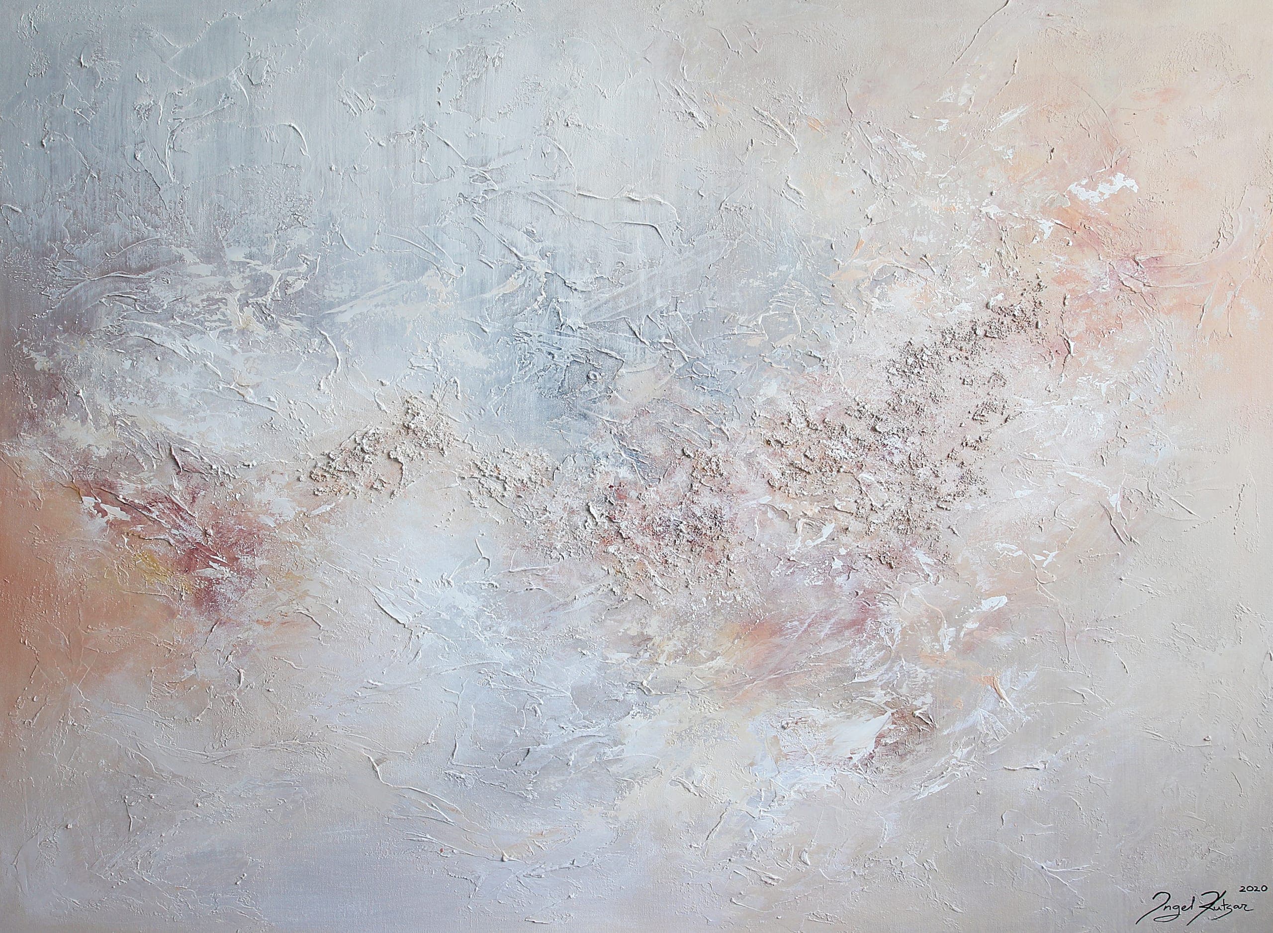 With You – textured original abstract painting in light blue, light yellow, beige and white tones