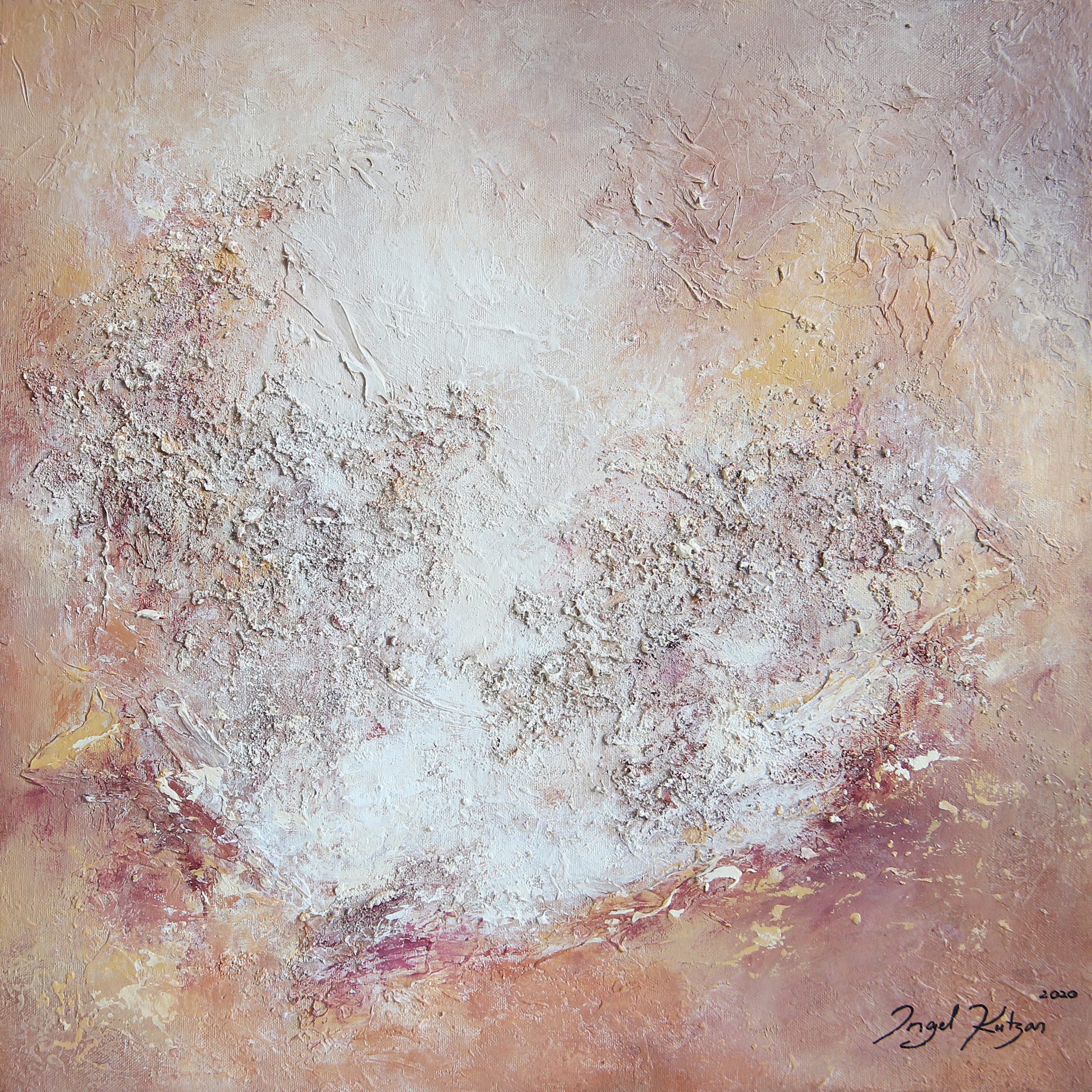 Contemporary abstract painting "Thinking of You" featuring layered texture and balanced composition with golden tones