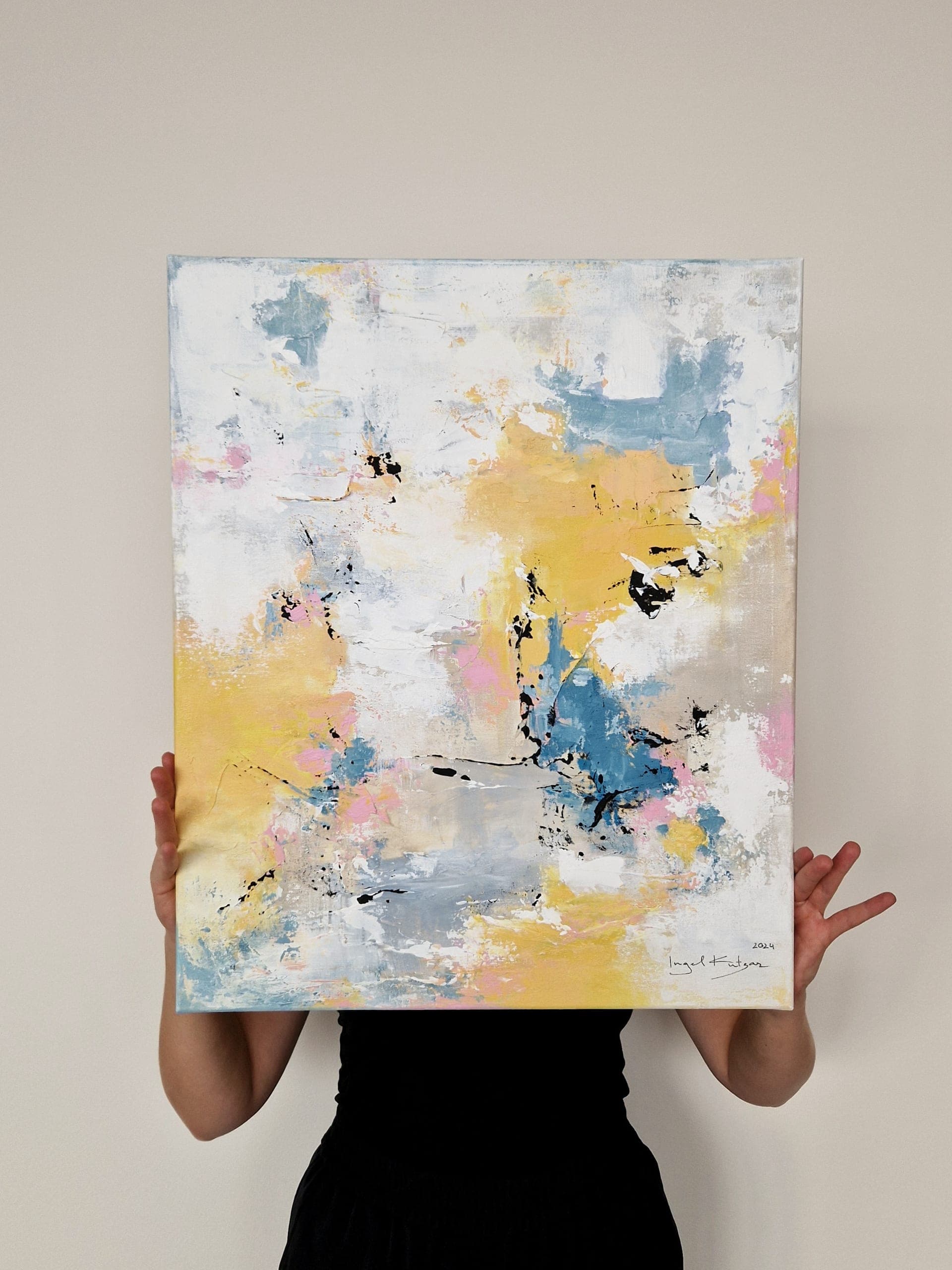 A Breath of fresh air – textured original abstract painting in yellow, light blue, white and pink tones