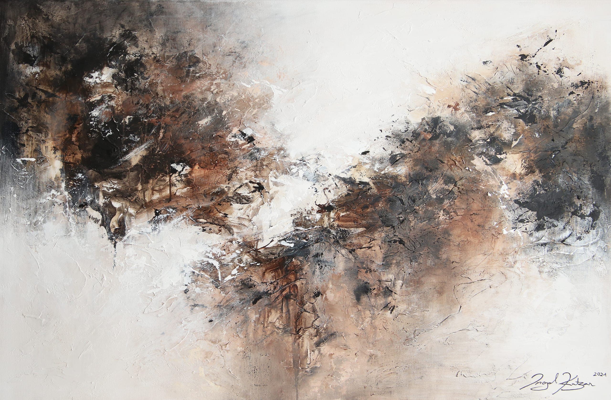 To Feel and to See – textured original abstract painting in brown, black and white tones