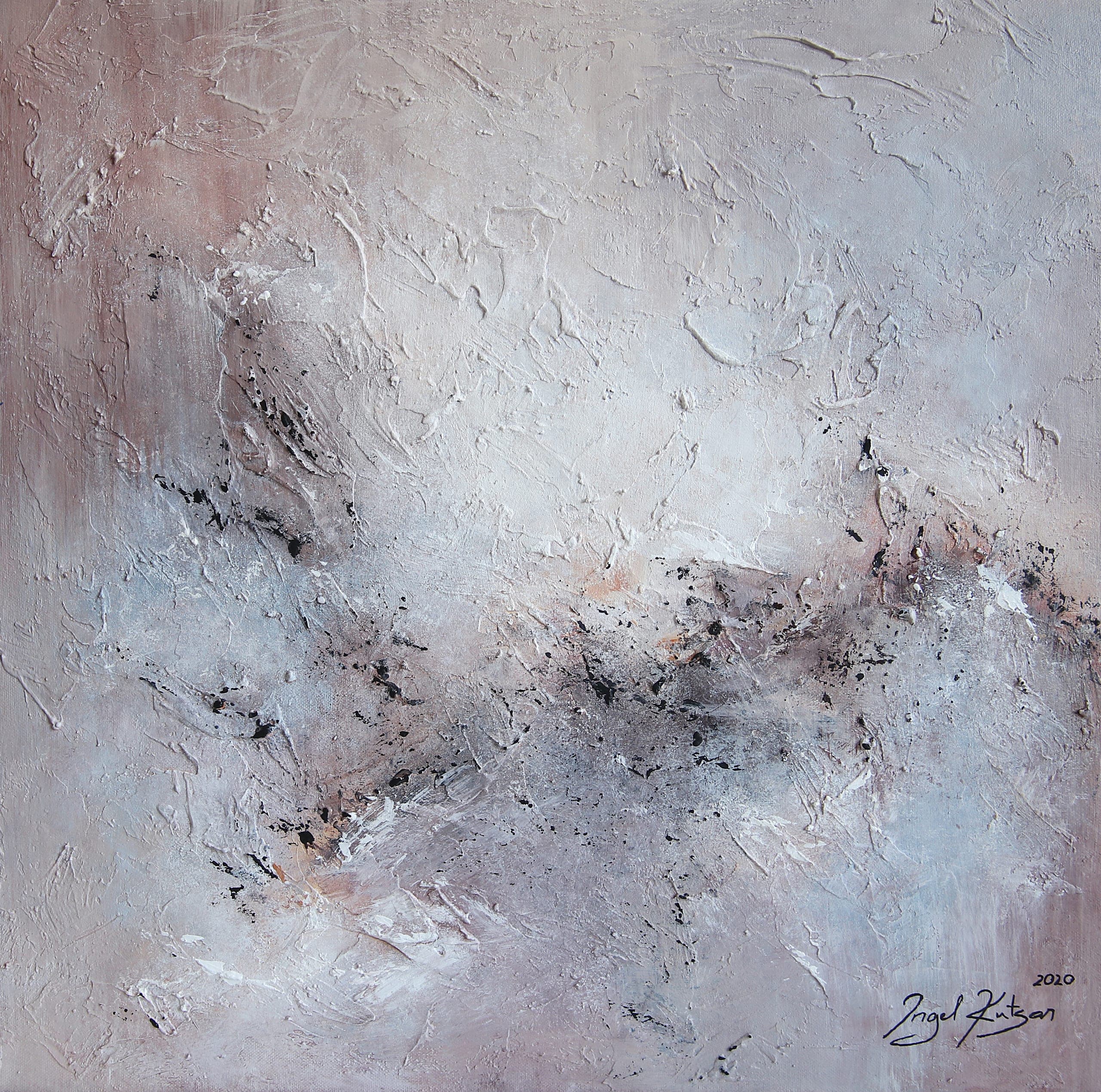 Whisper – original abstract painting in light blue, light brown and white tones with rich texture