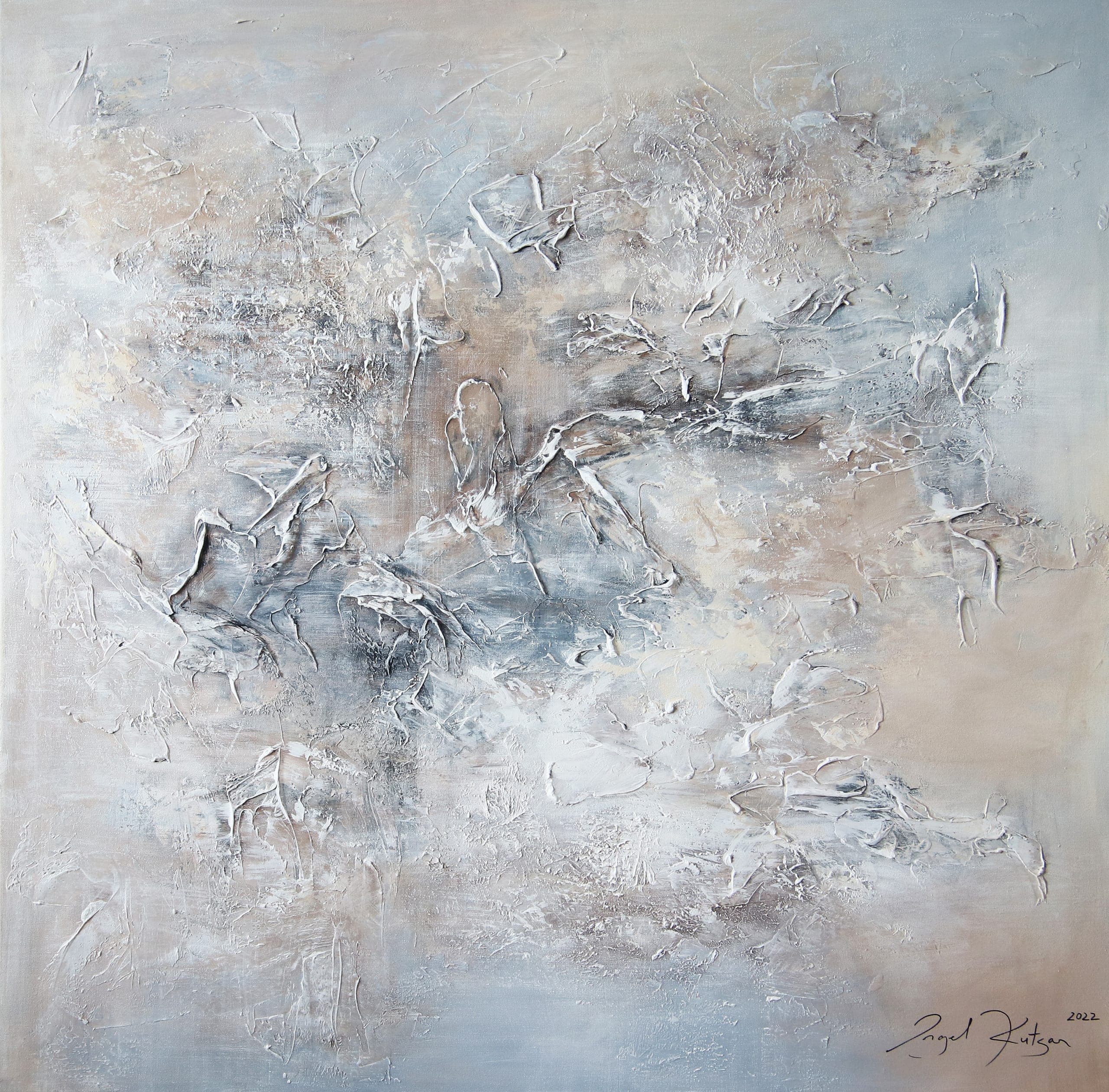 A Feather's Touch II – textured original abstract painting in light blue and beige tones
