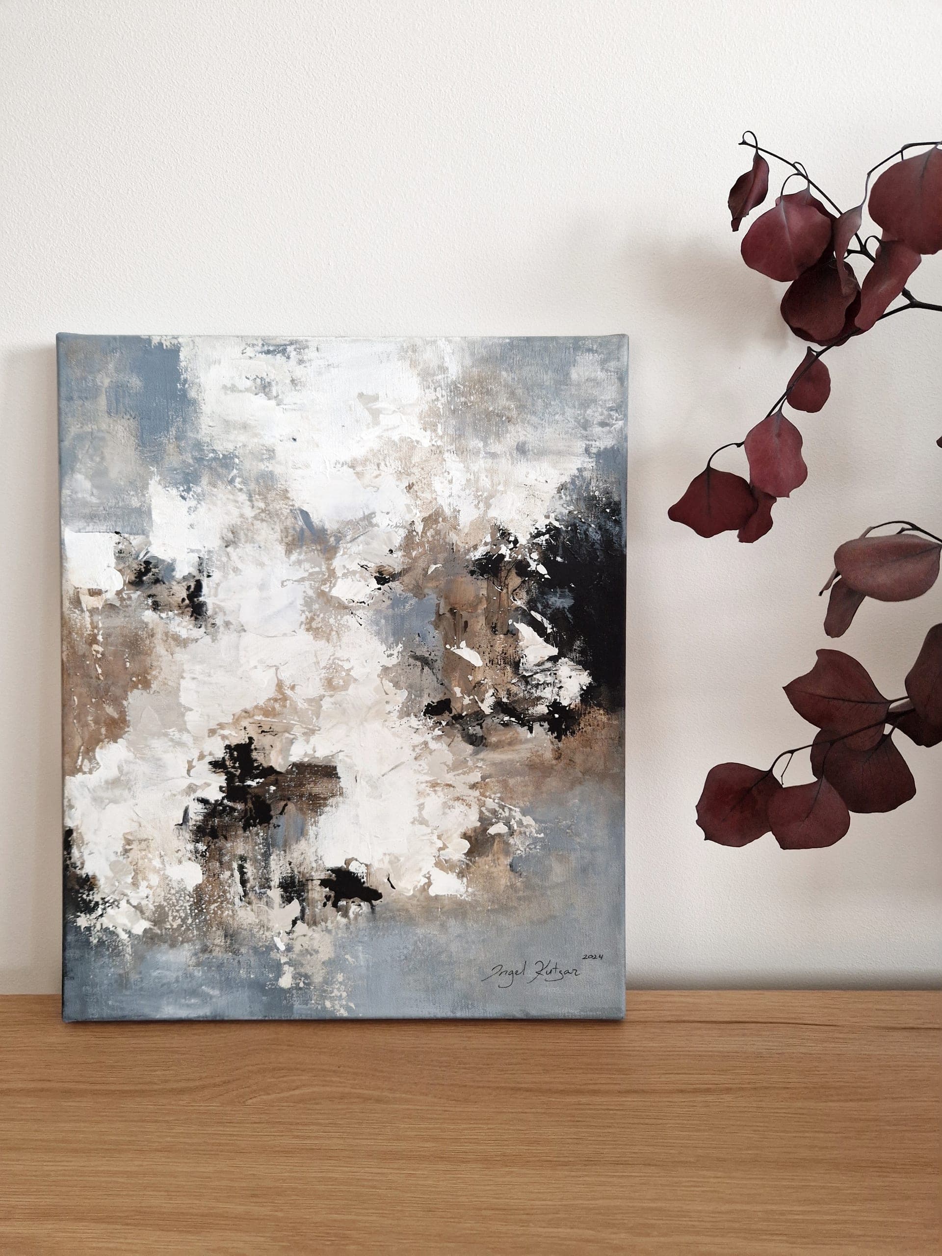 Dim – textured original abstract painting in blue-gray, brown and white tones