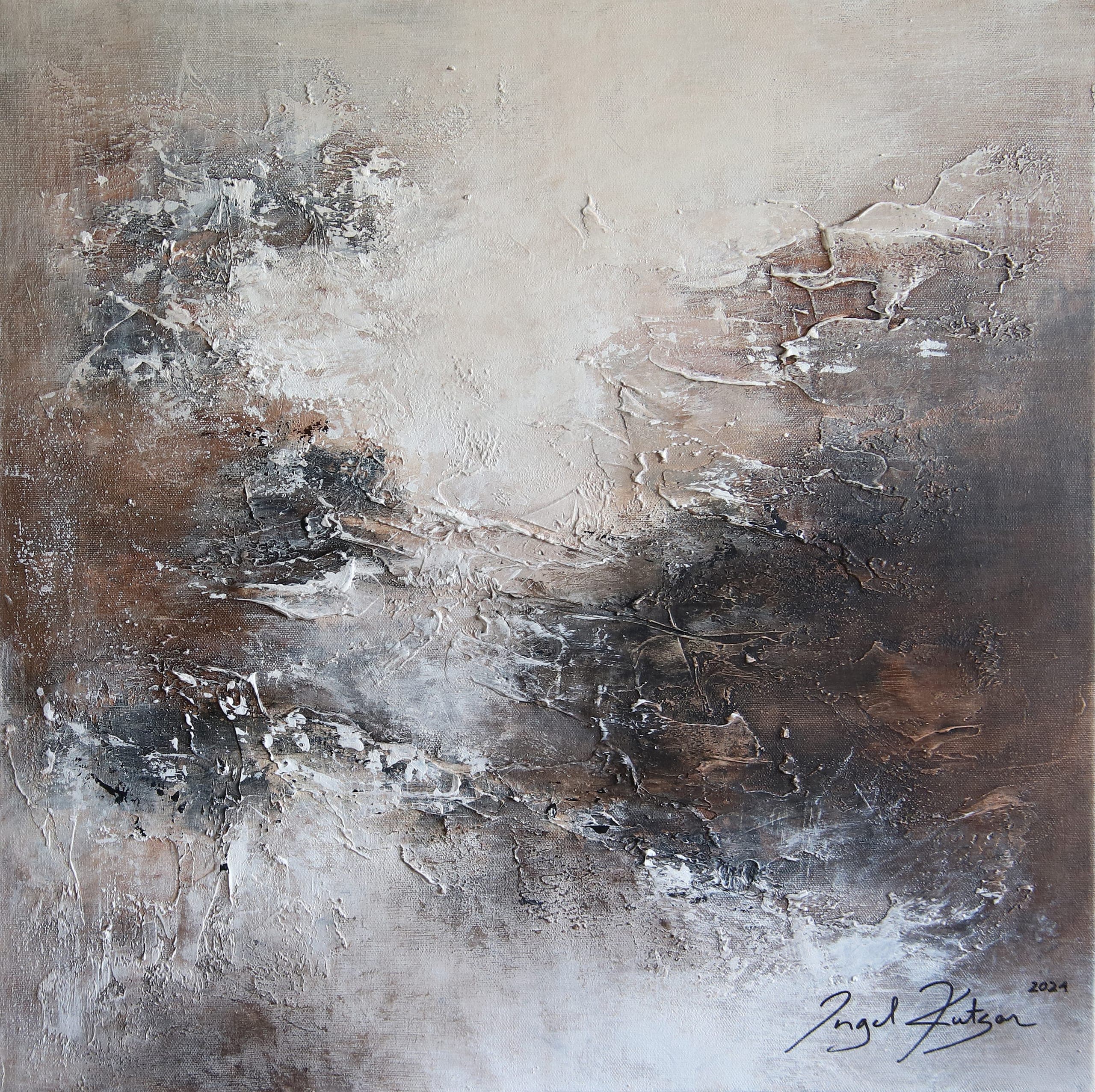 Mellow night – textured original abstract painting in brown, beige and white tones