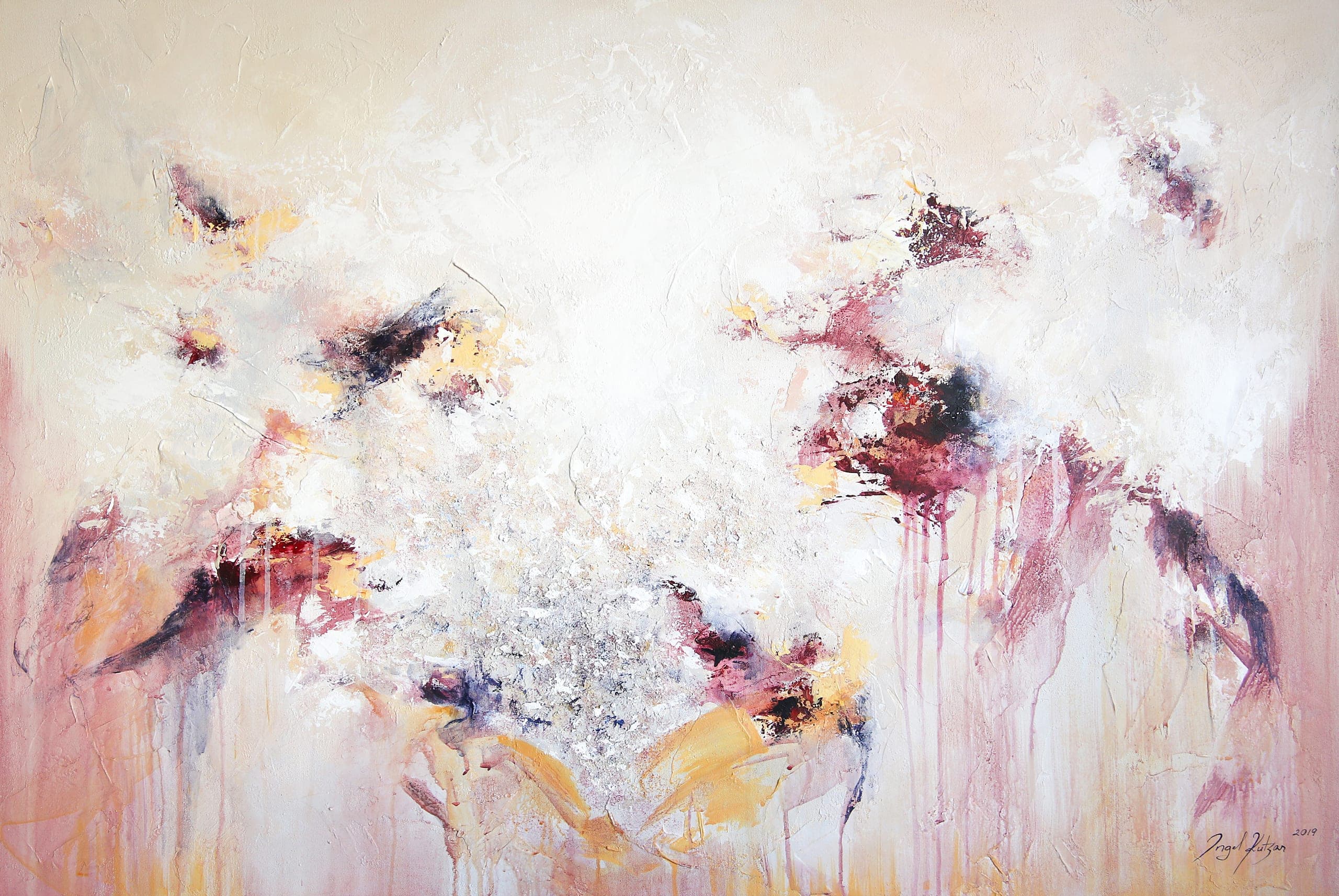 Rebirth – textured original abstract painting in light pink, yellow, red and white tones