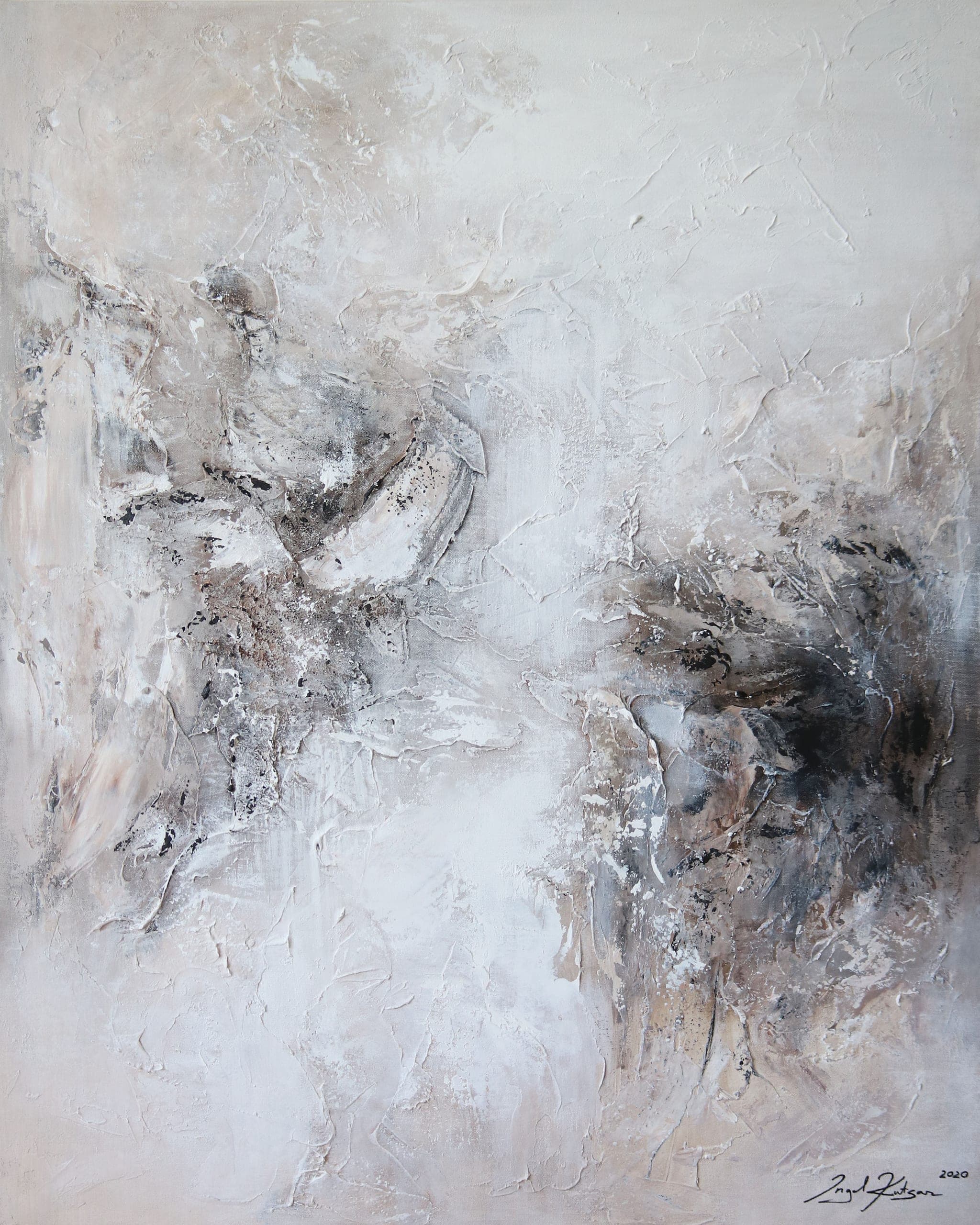 Sculpted – textured original abstract painting in brown, beige and white tones