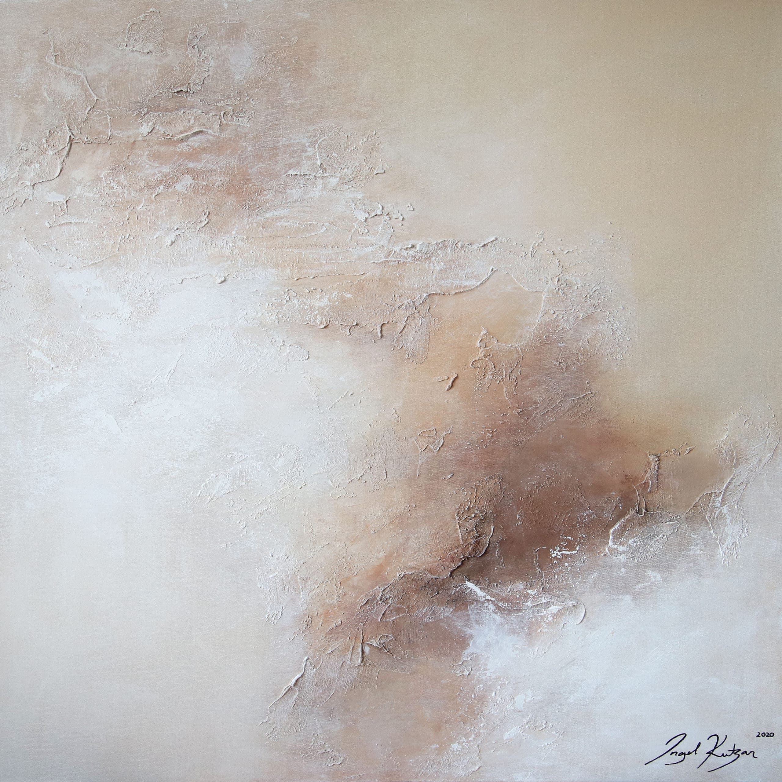 Fulfilled wishes – textured original abstract painting in golden brown and white tones