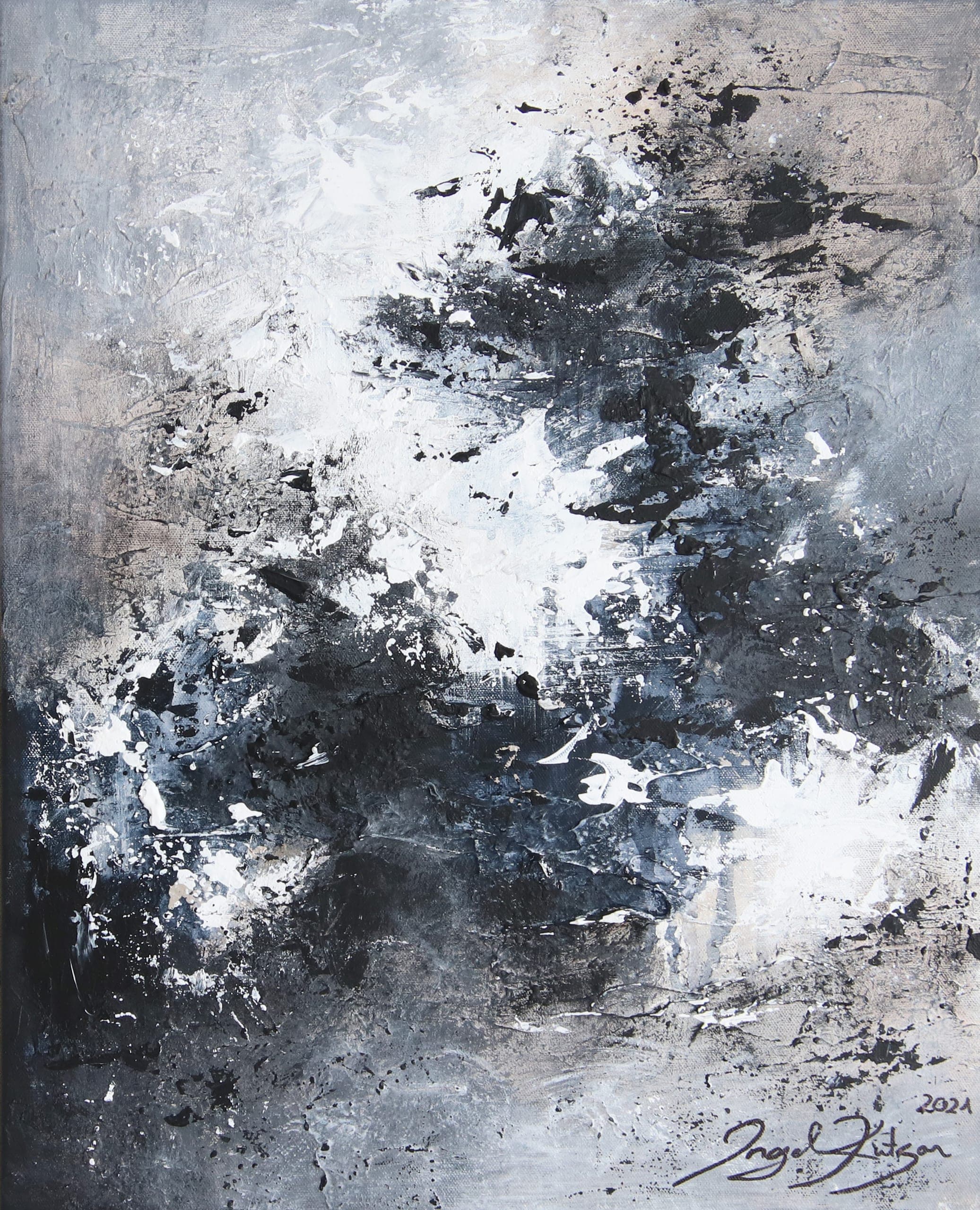 The Perfect Storm II – textured original abstract painting in dark and light gray, black and white tones