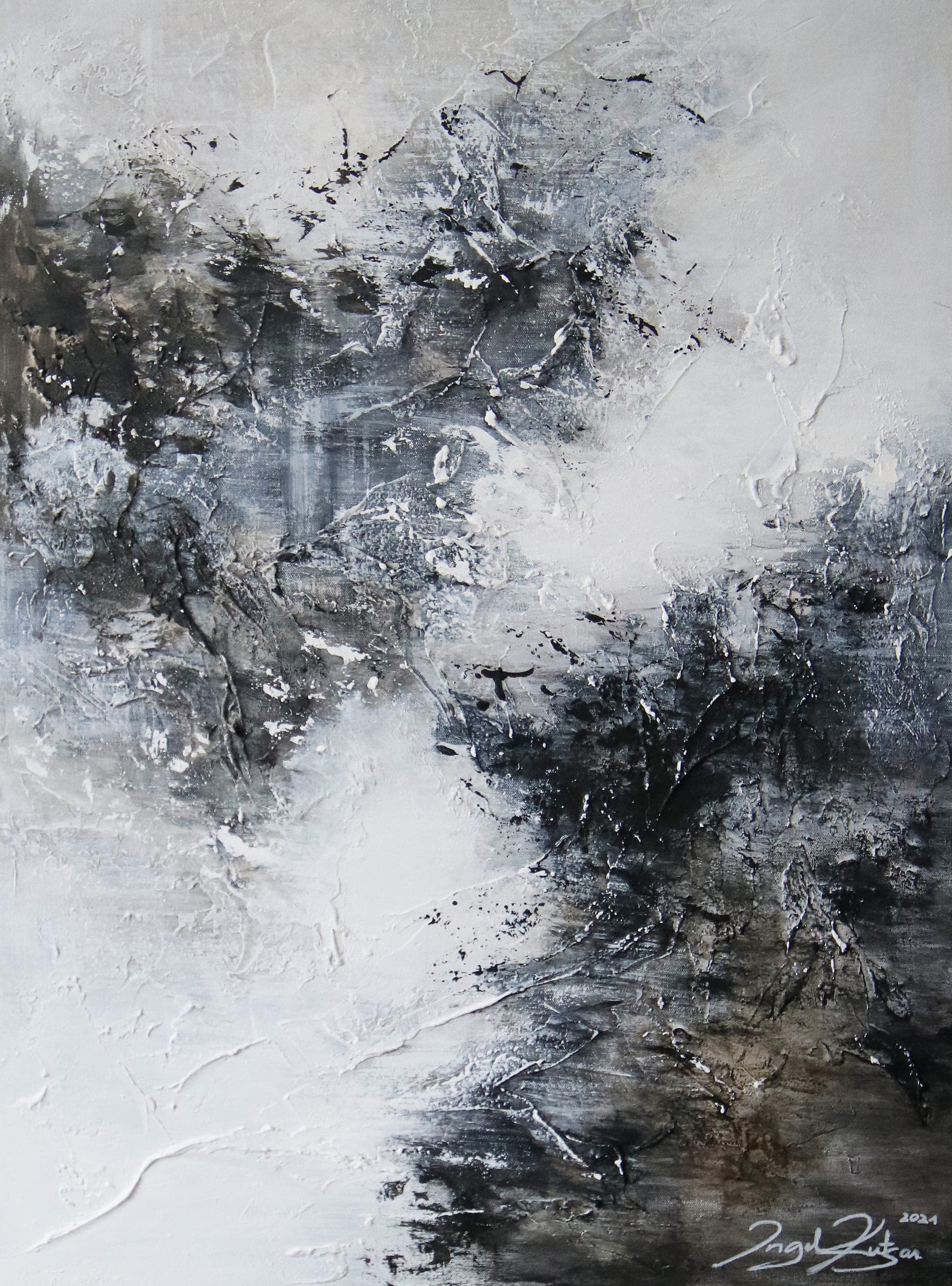 The Perfect Storm – original abstract painting in dark blue, black and white tones with rich texture