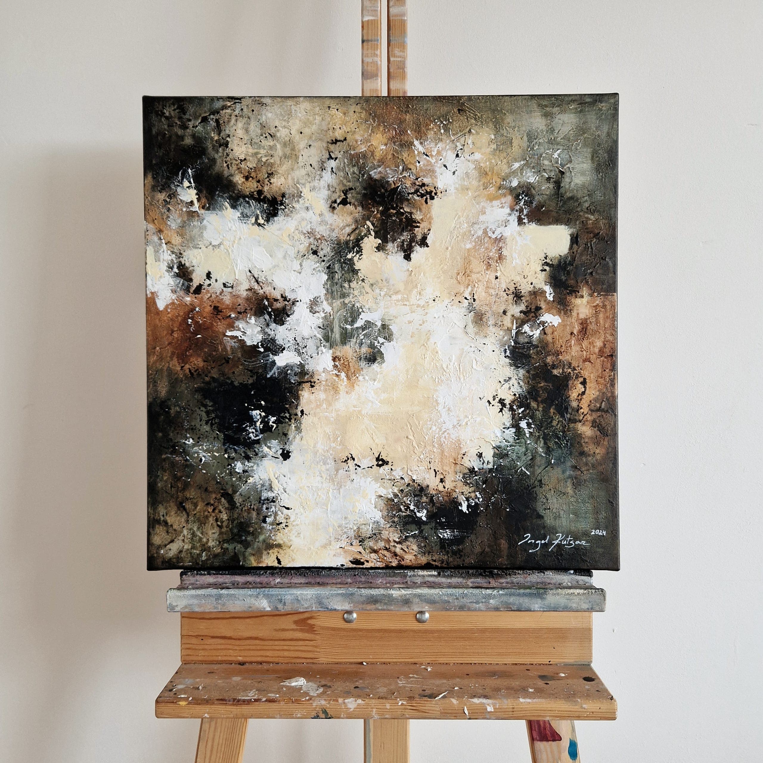 Dancing in the wind – textured original abstract painting in dark dreen, brown, beige and white tones