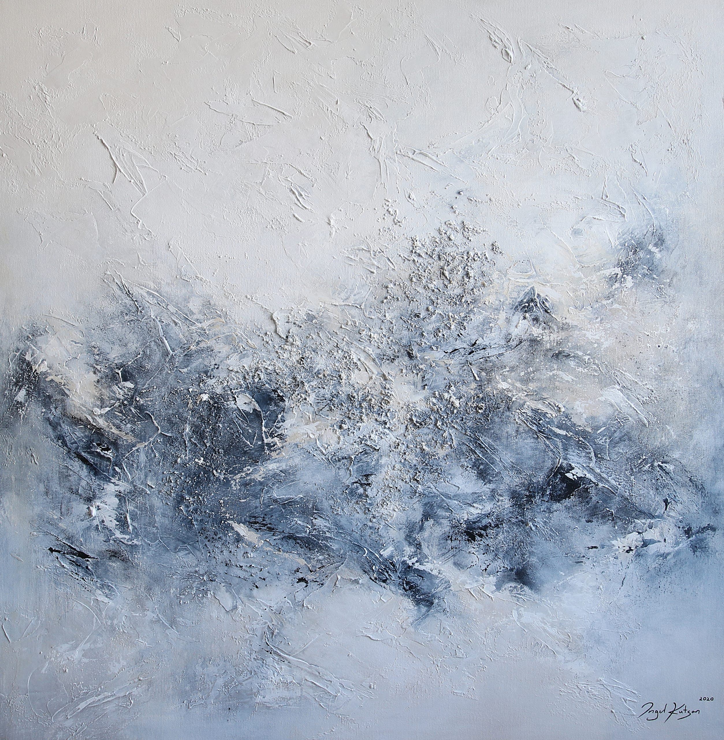 Come closer – textured original abstract painting in light and dark blue, gray, beige and white tones