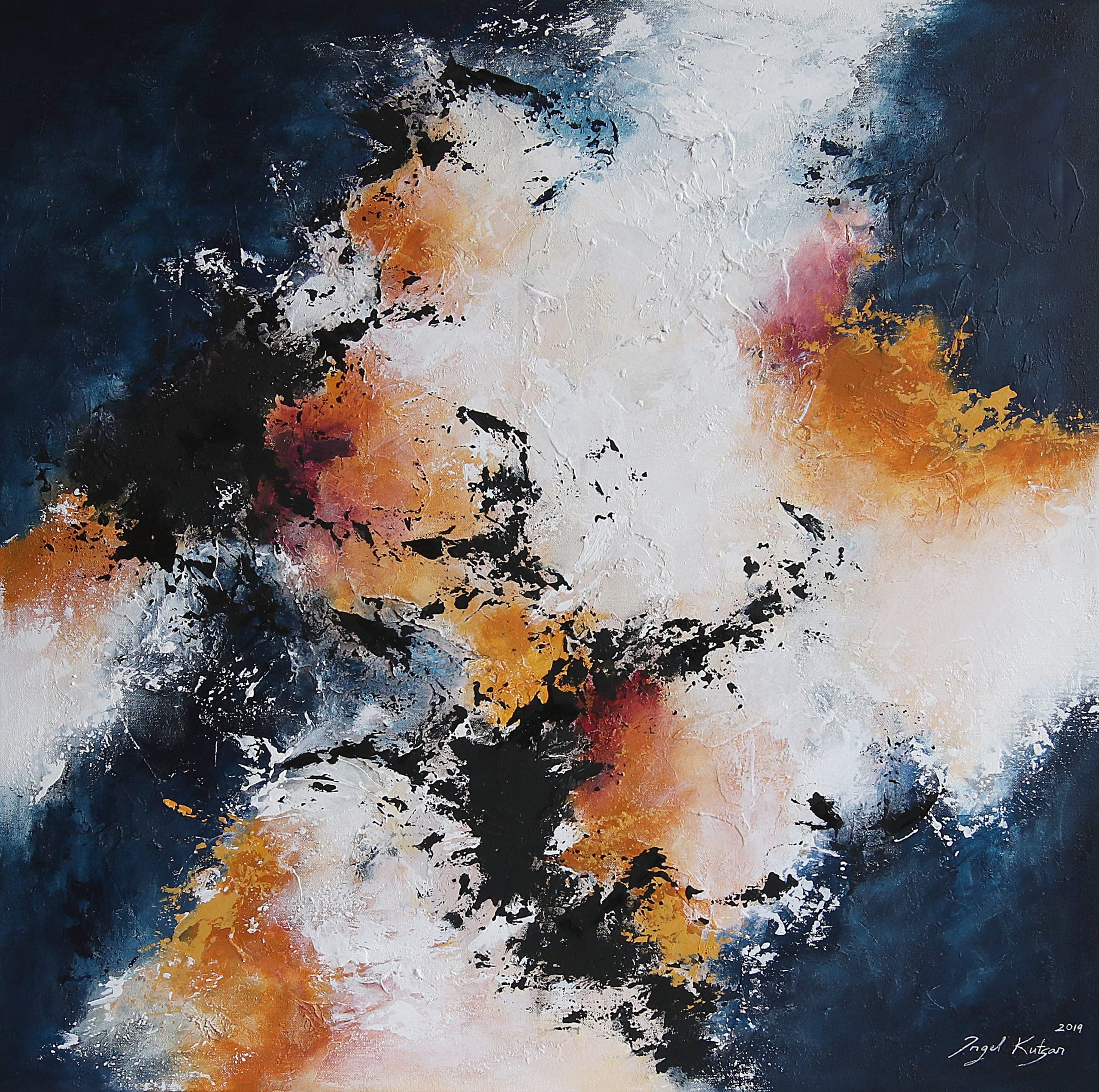 Textured abstract artwork in dark blue, yellow and white tones, contemporary original painting