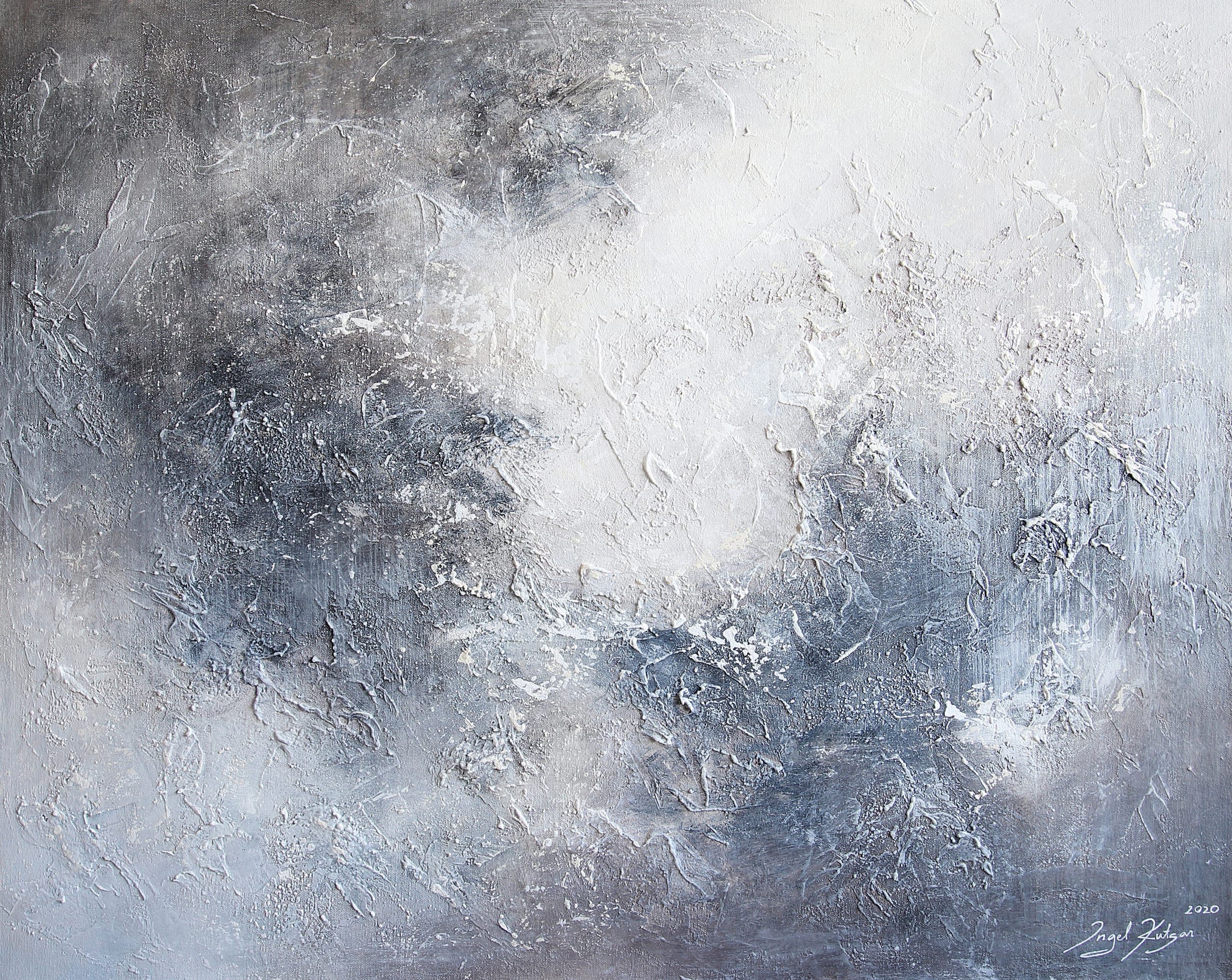 In the haze – textured original abstract painting in light and dark gray, blue and white tones