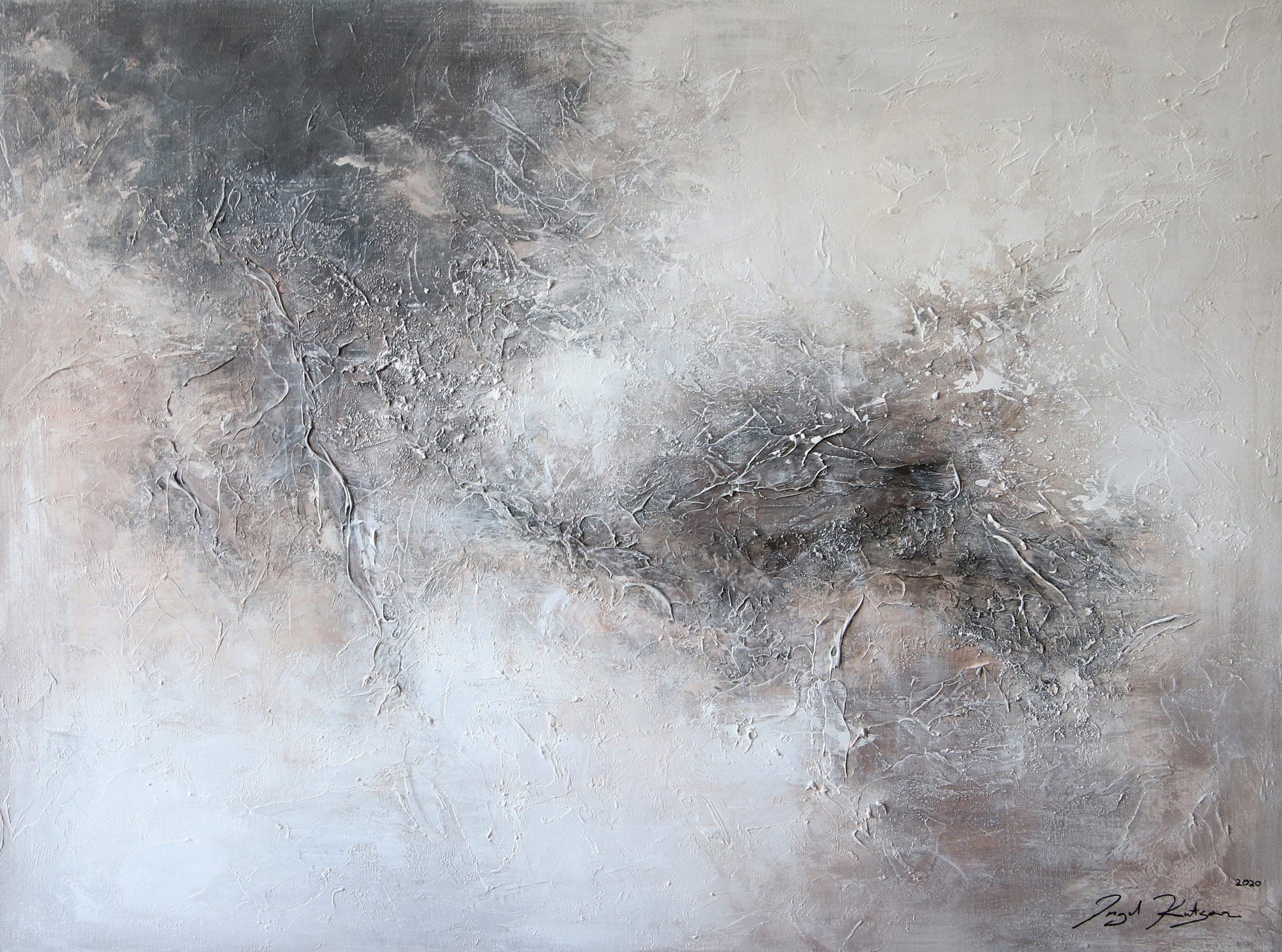In the haze II – textured original abstract painting in gray, beige, brown and white tones