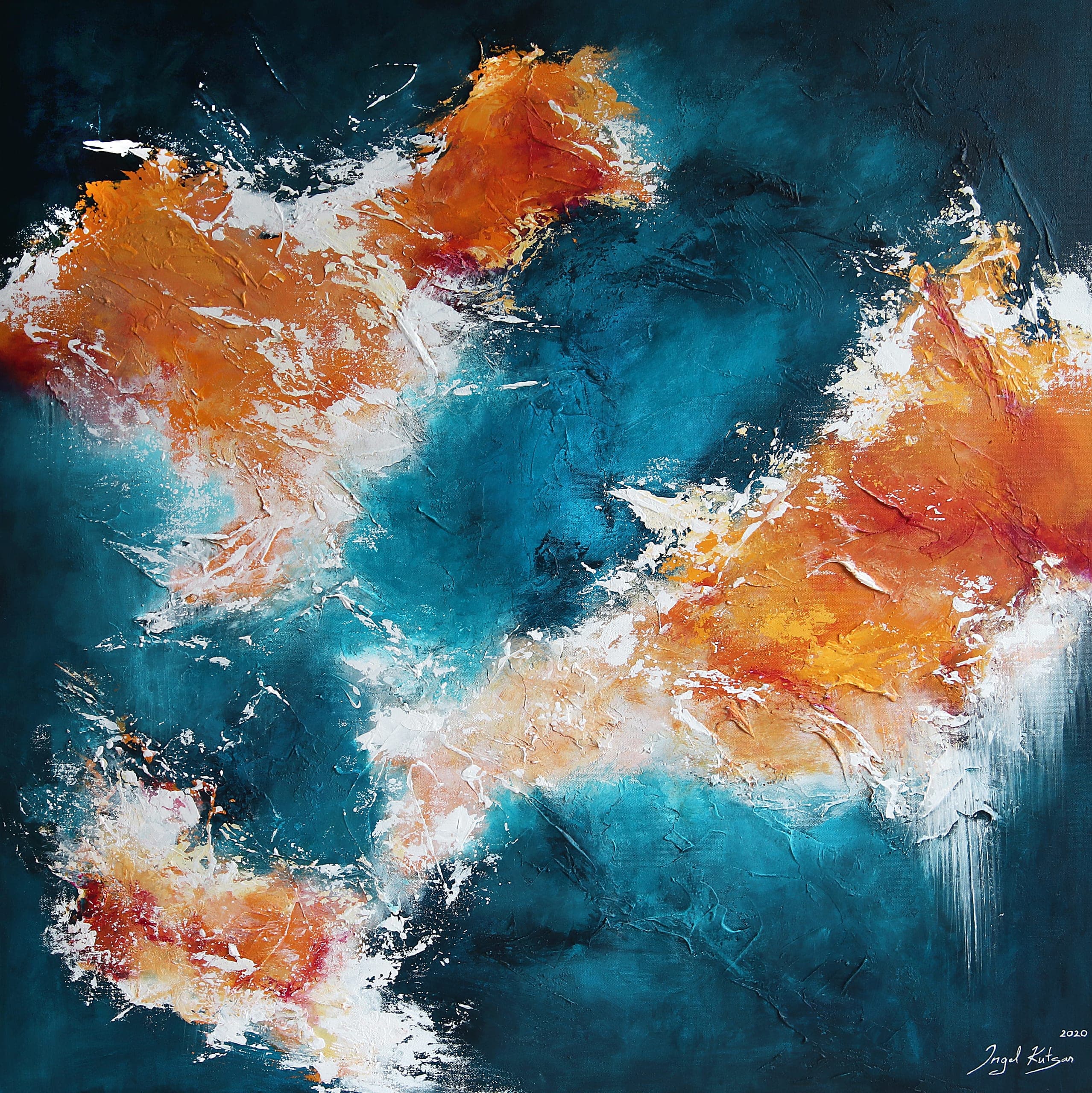 Textured abstract artwork in ocean blue and orange tones, contemporary original painting