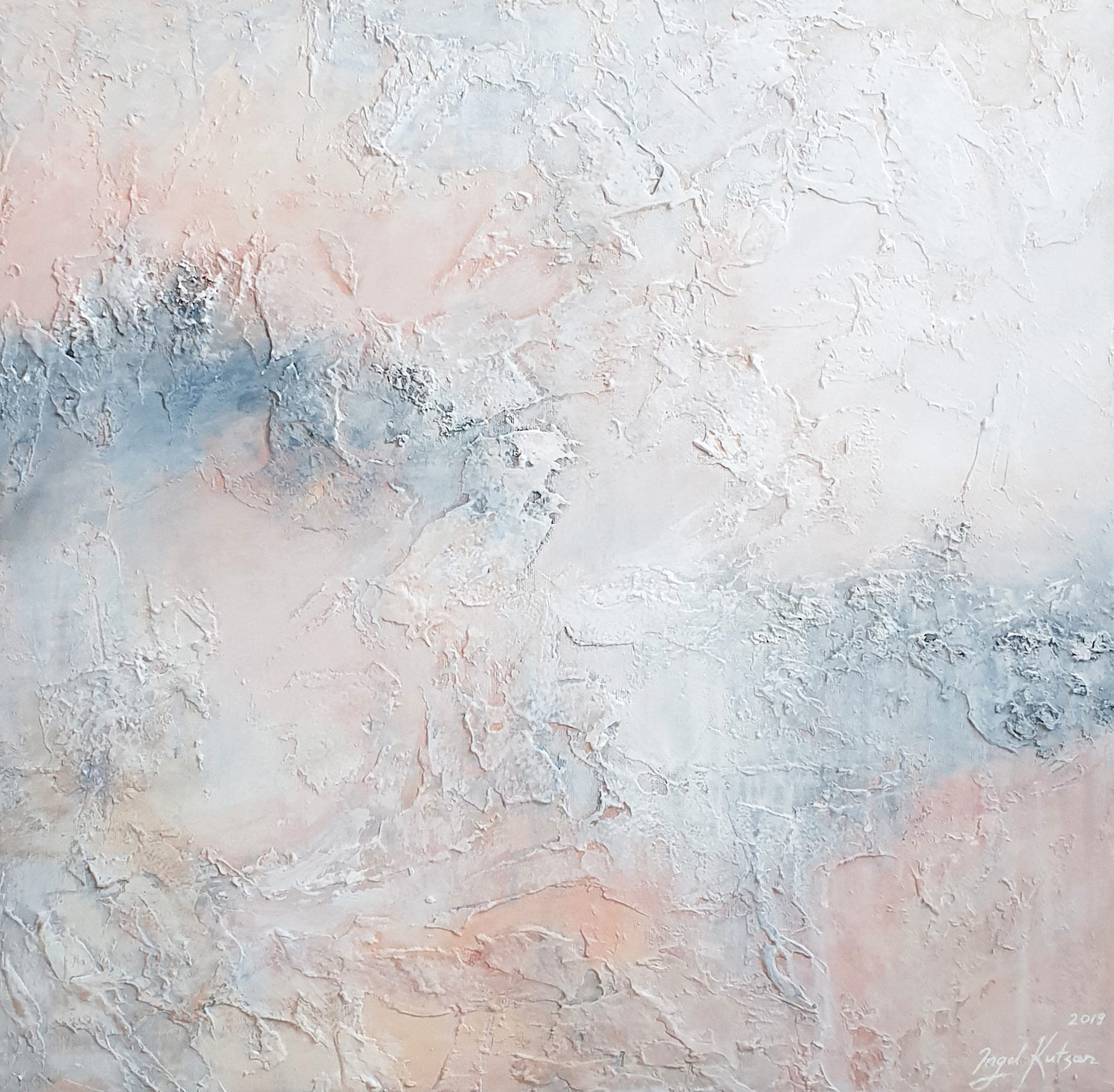 Dreamscape – original abstract painting in light blue, light orange and white tones with rich texture