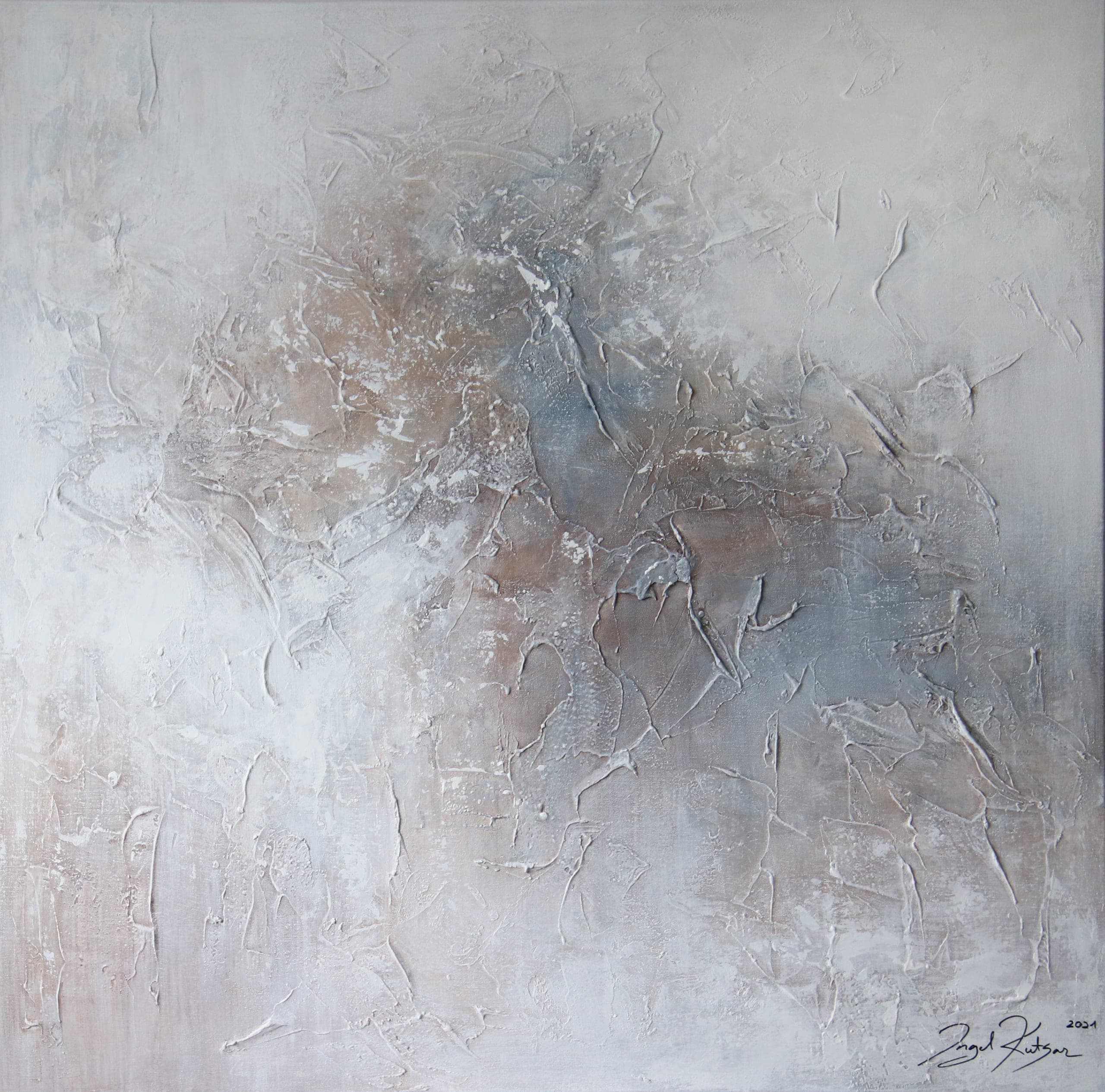 Reverie – textured original abstract painting in light brown and light blue tones