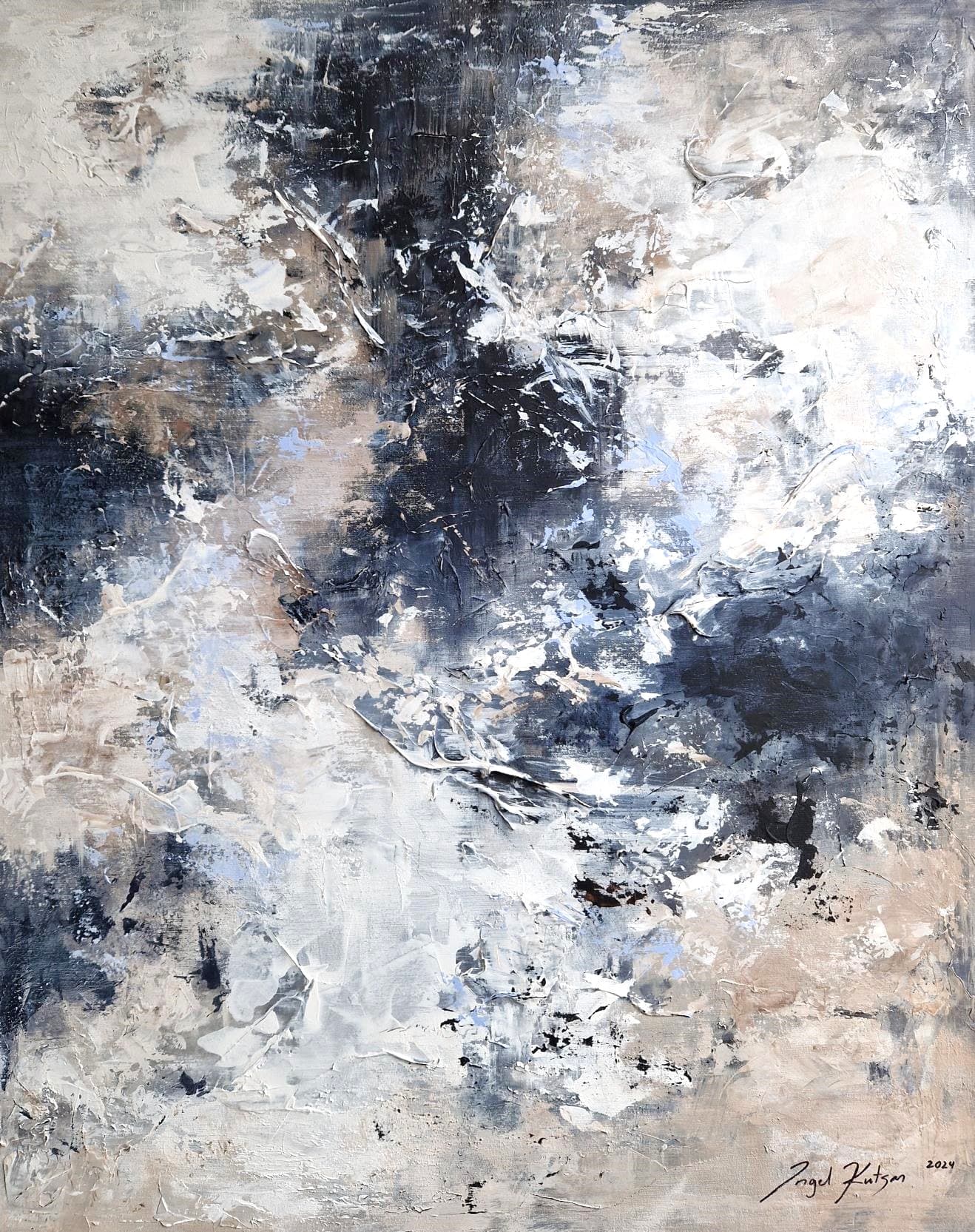 Grasping the unseen – textured original abstract painting in dark blue, white and beige tones