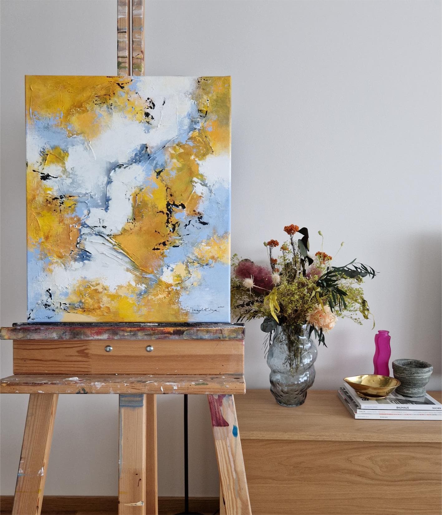 Chasing the ephemeral – textured original abstract painting in yellow and light blue tones