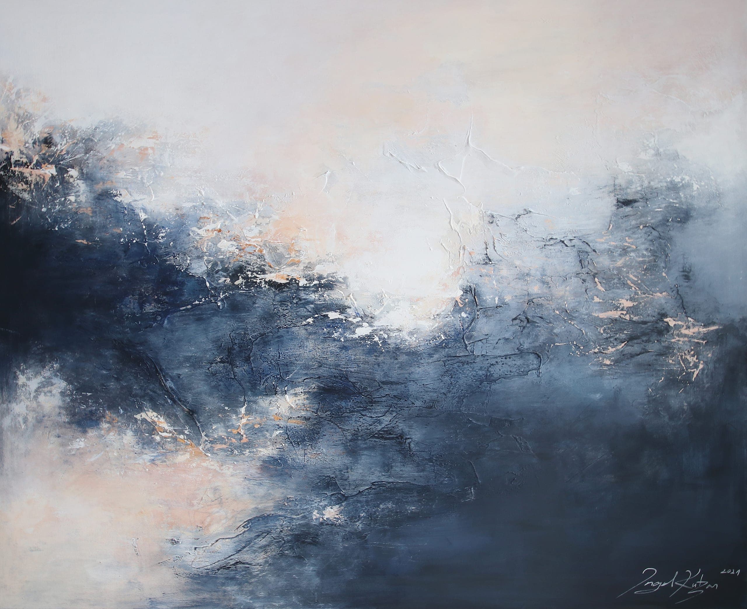 New beginning – textured original abstract painting in dark blue, beige and white tones