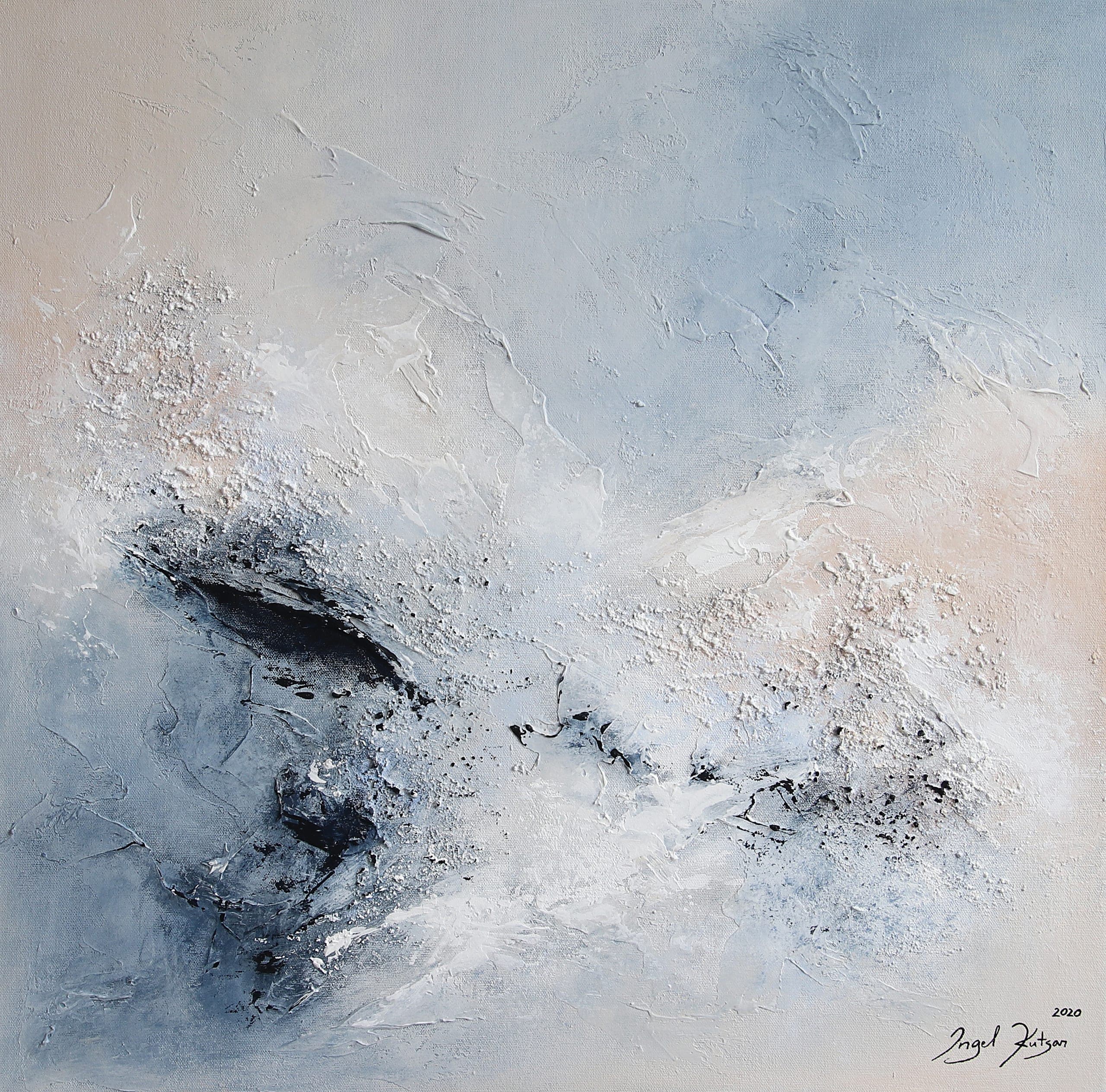 Freedom – textured original abstract painting in light and dark blue, light yellow and white tones