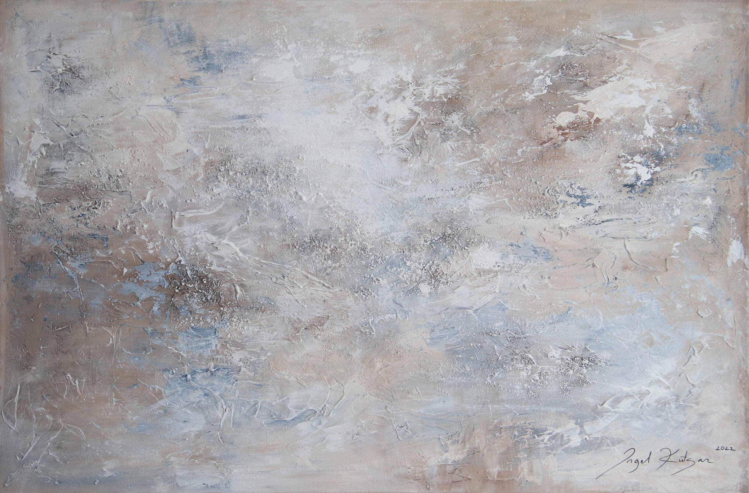 Silent hues II – textured original abstract painting in light and dark beige, blue and white tones