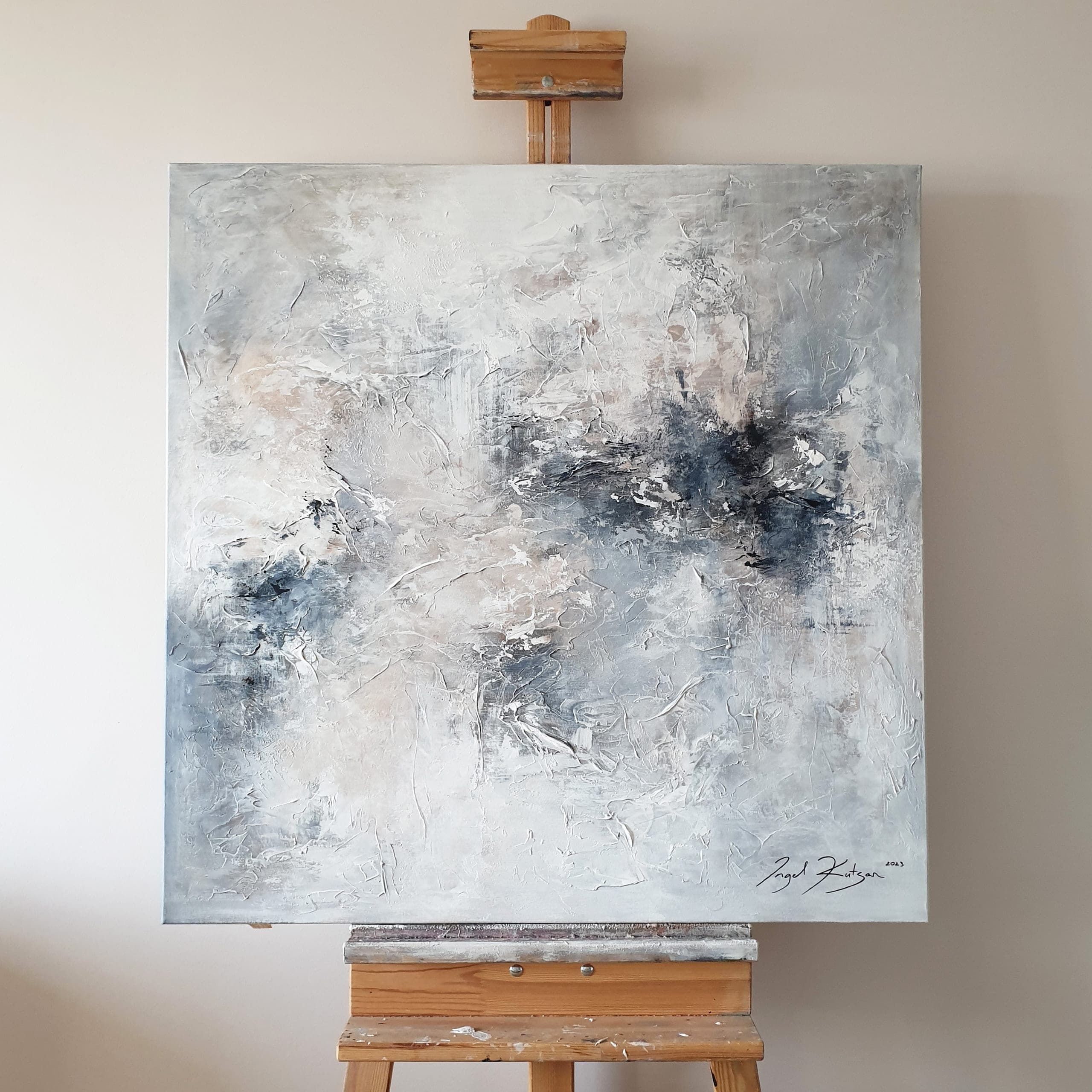 The Sound of silence – textured original abstract painting in white, light and dark blue tones