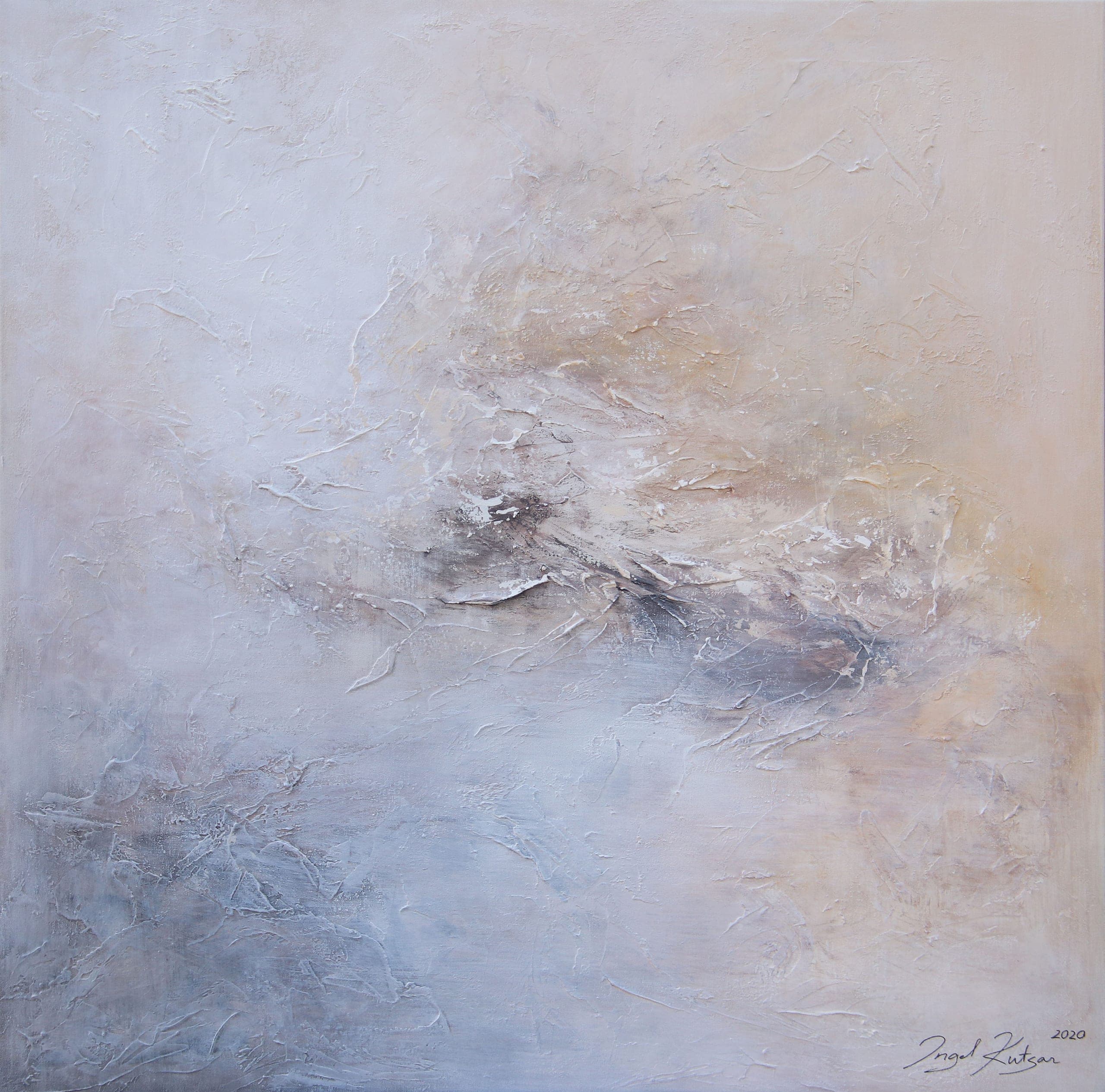 Silent hues – textured original abstract painting in light blue, light yellow and white tones