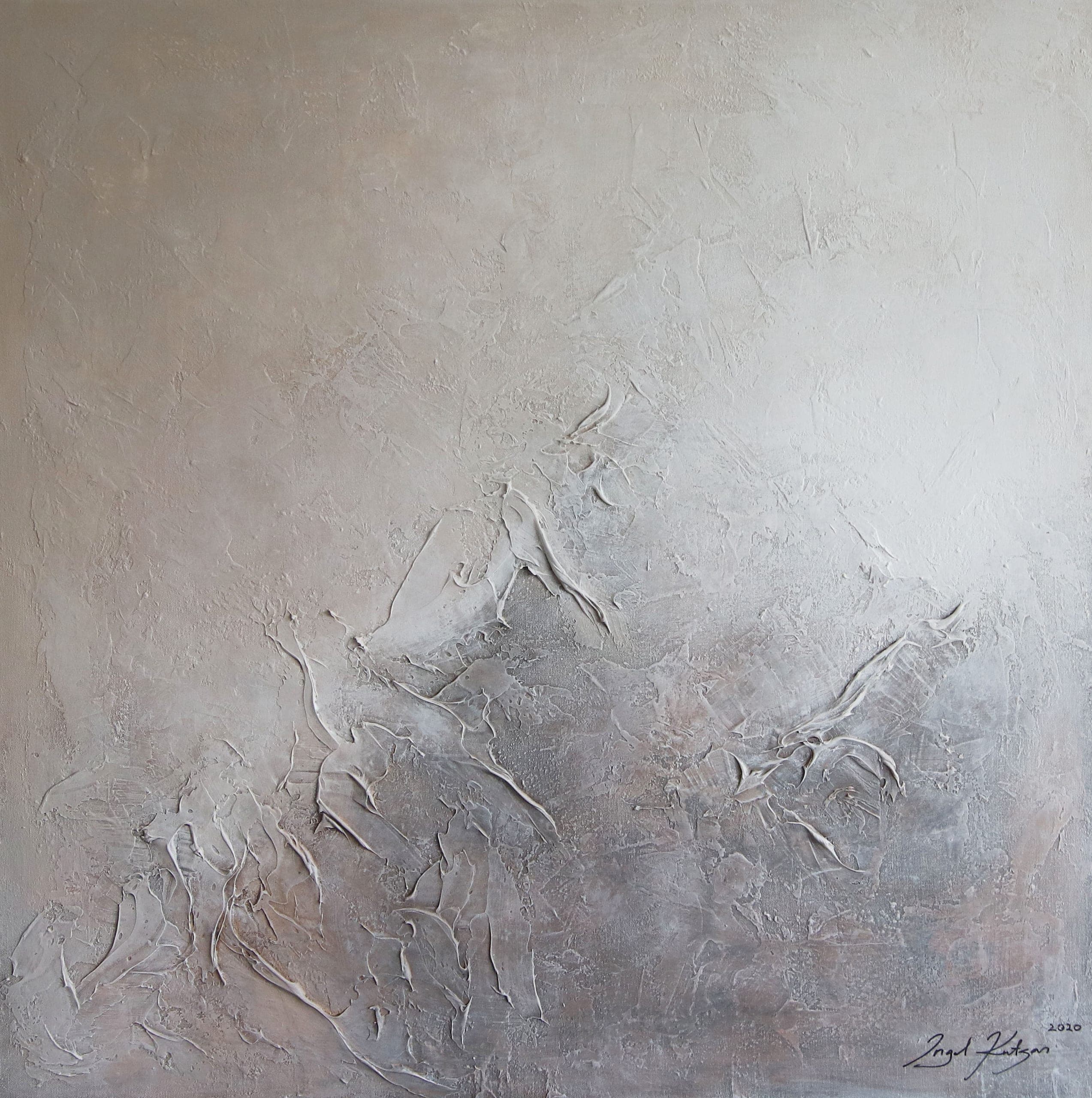 White pearl – textured original abstract painting in light gray, beige and white tones