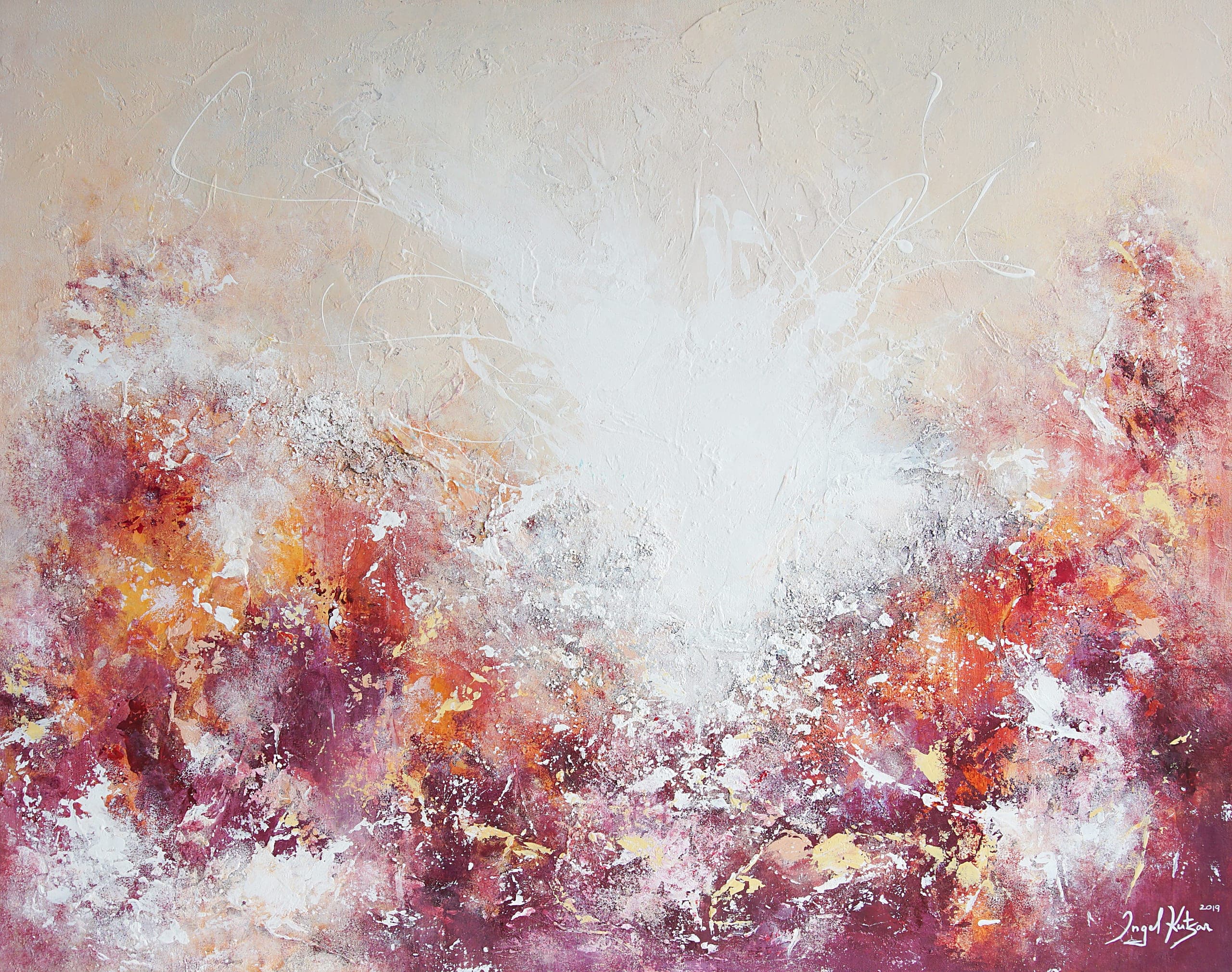 Interplay – textured original abstract painting in red, pink, yellow and white tones