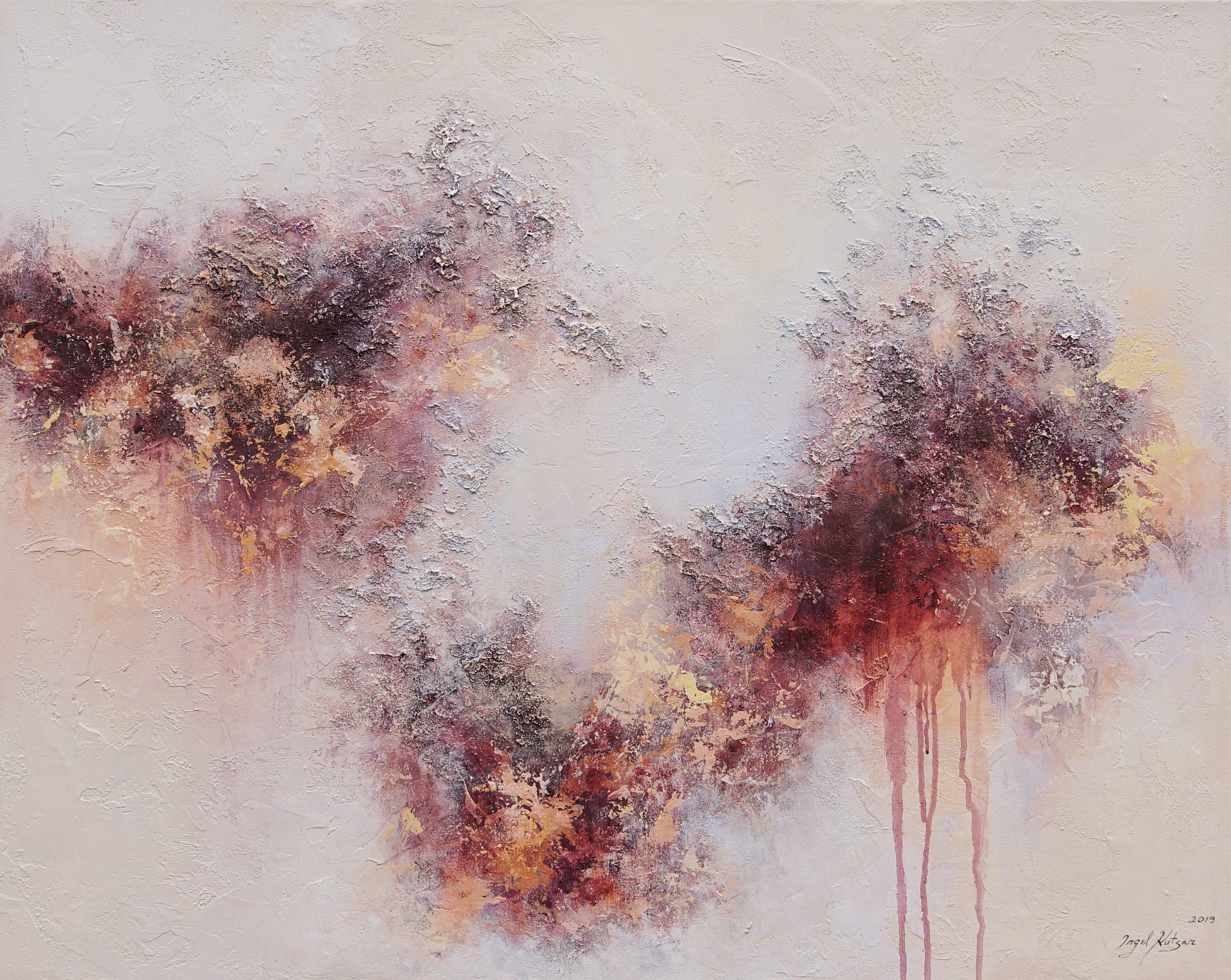 Allure – original abstract painting in light yellow, dark red, orange tones with rich texture